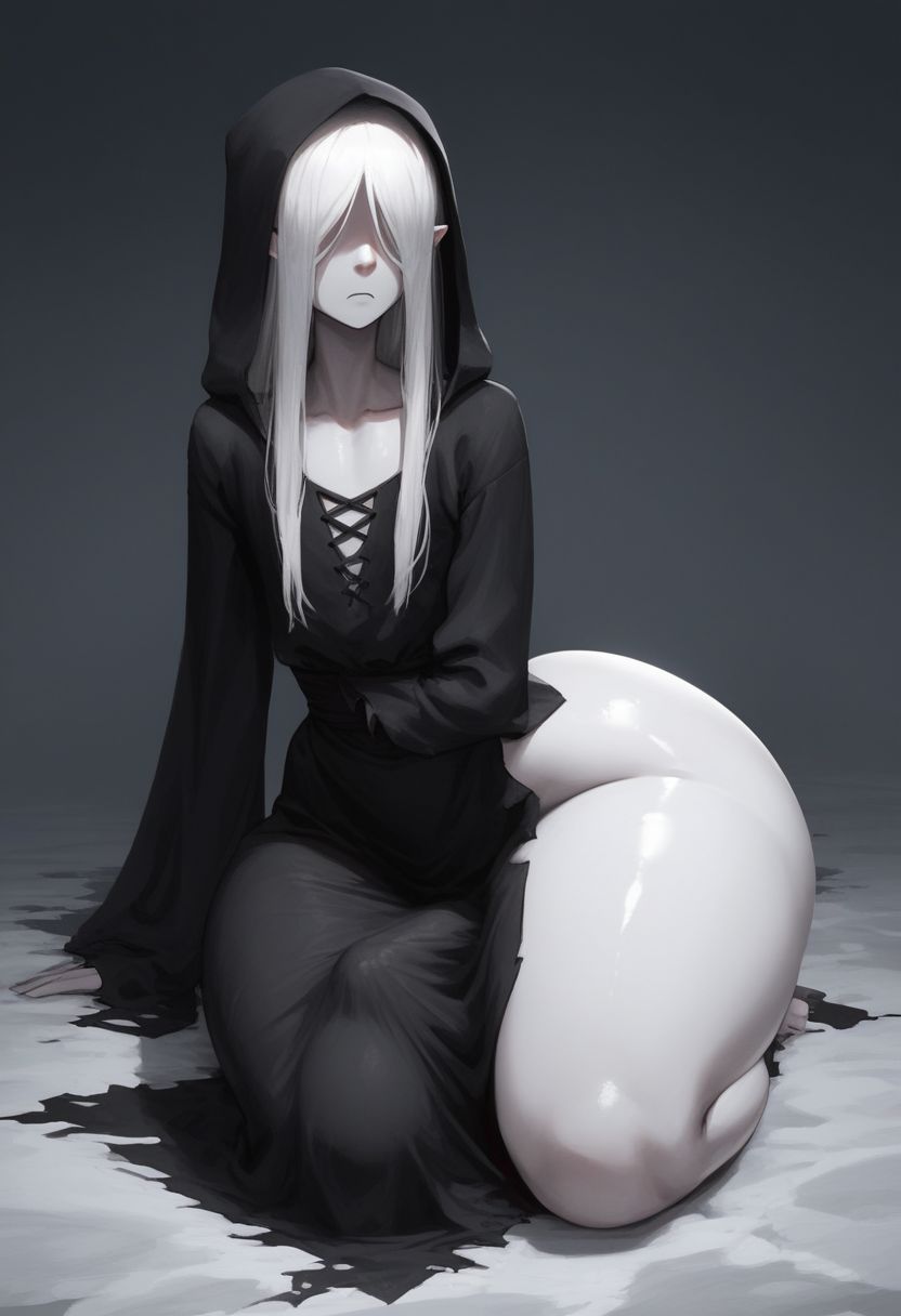 1boy, ai generated, big penis, black dress, dress, eyes covered, femboy, femboyarashi, ghost, ghost boy, girly, hair covering eyes, huge cock, looking at viewer, male, male only, penis, penis under clothes, sad, sissy, wide hips