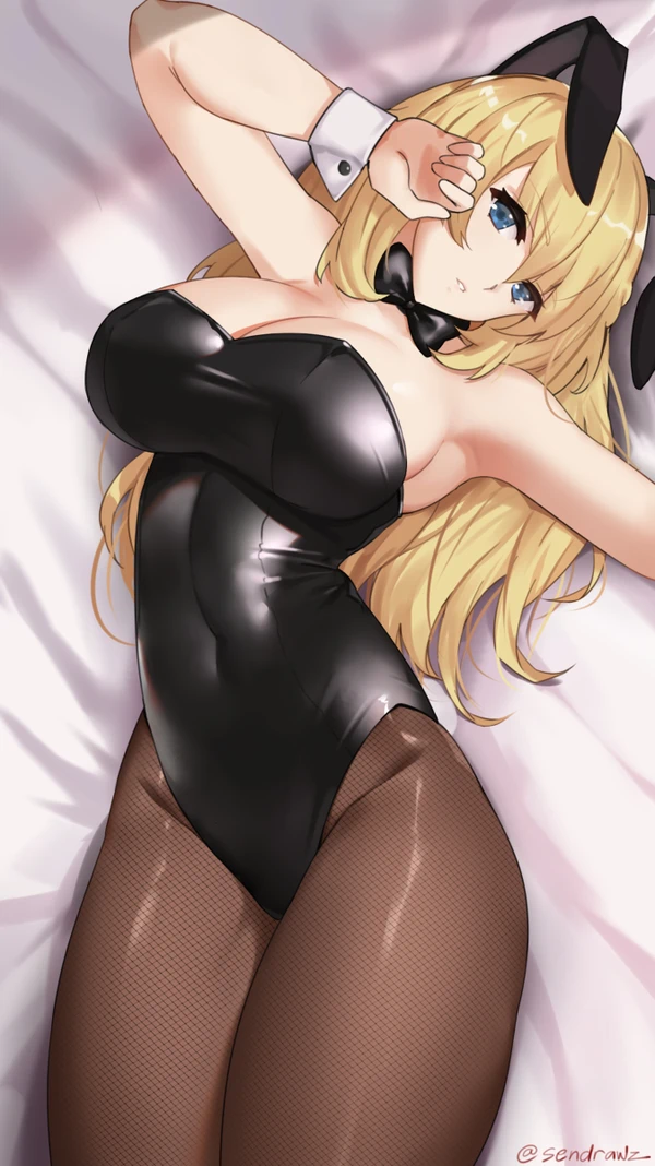 1girls alternate_costume animal_ears armpits arms_up bare_shoulders bed_sheet black_bow black_bowtie blonde_hair blue_eyes bow bowtie breasts brown_pantyhose bunny_ears bunny_girl bunnysuit choujigen_game_neptune cleavage covered_navel curvy eyelashes fake_animal_ears fake_tail fishnet_pantyhose fishnets groin head_tilt highres large_breasts leotard long_hair looking_at_viewer neptunia_(series) pantyhose playboy_bunny rabbit_ears rabbit_tail sendrawz shiny_clothes solo strapless strapless_leotard tail thick_thighs twitter_username vert very_long_hair wrist_cuffs