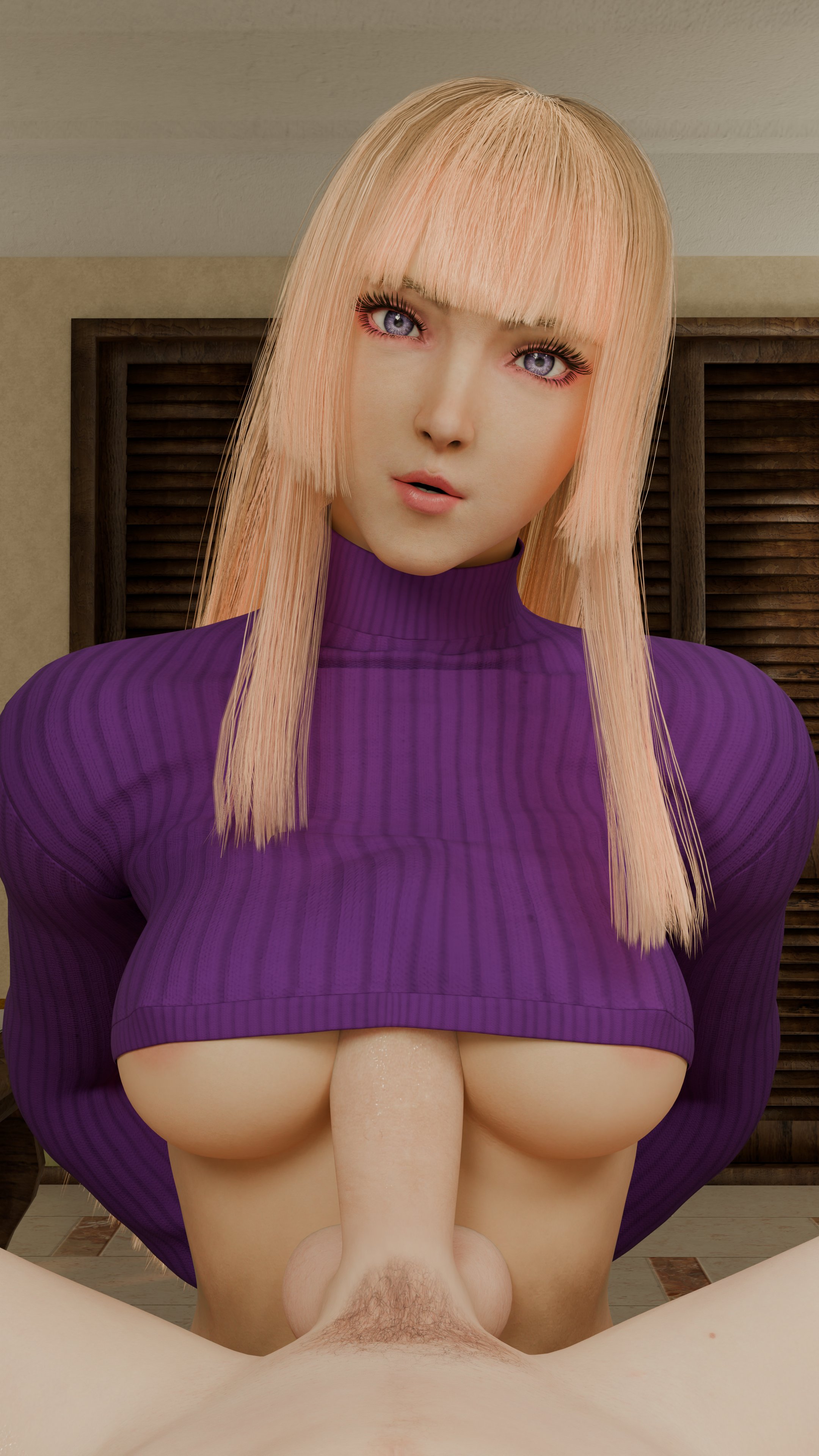 1boy, 1girls, 3d, arms behind back, bangs, blonde hair, breasts, busty, crop top, crop top overhang, cropped sweater, dustedfountain, emilie de rochefort, female, female focus, handsfree paizuri, hourglass figure, long hair, male, male pov, no bra, paizuri, paizuri under clothes, penis, pov, purple eyes, sex, tagme, tekken, tekken 8, turtleneck, turtleneck sweater, underboob, wide hips