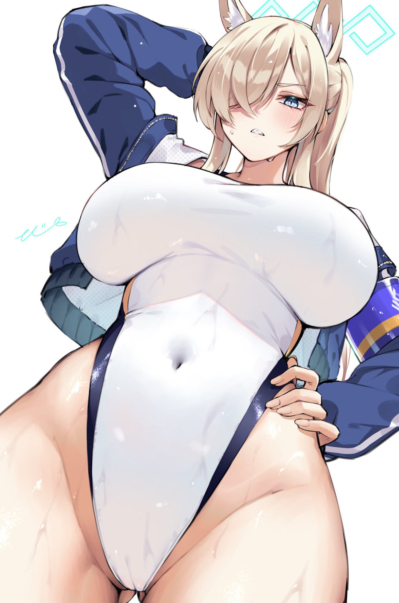 arm behind head, blonde hair, blue archive, blue eyes, breasts, cameltoe, dutch angle, female, gluteal fold, hair over one eye, hand on hip, kanna (blue archive), kanna (swimsuit) (blue archive), large breasts, low-angle view, one-piece swimsuit, public, public peace bureau (blue archive), pussy, sharp teeth, signature, swimsuit, valkyrie police school student, wet skin