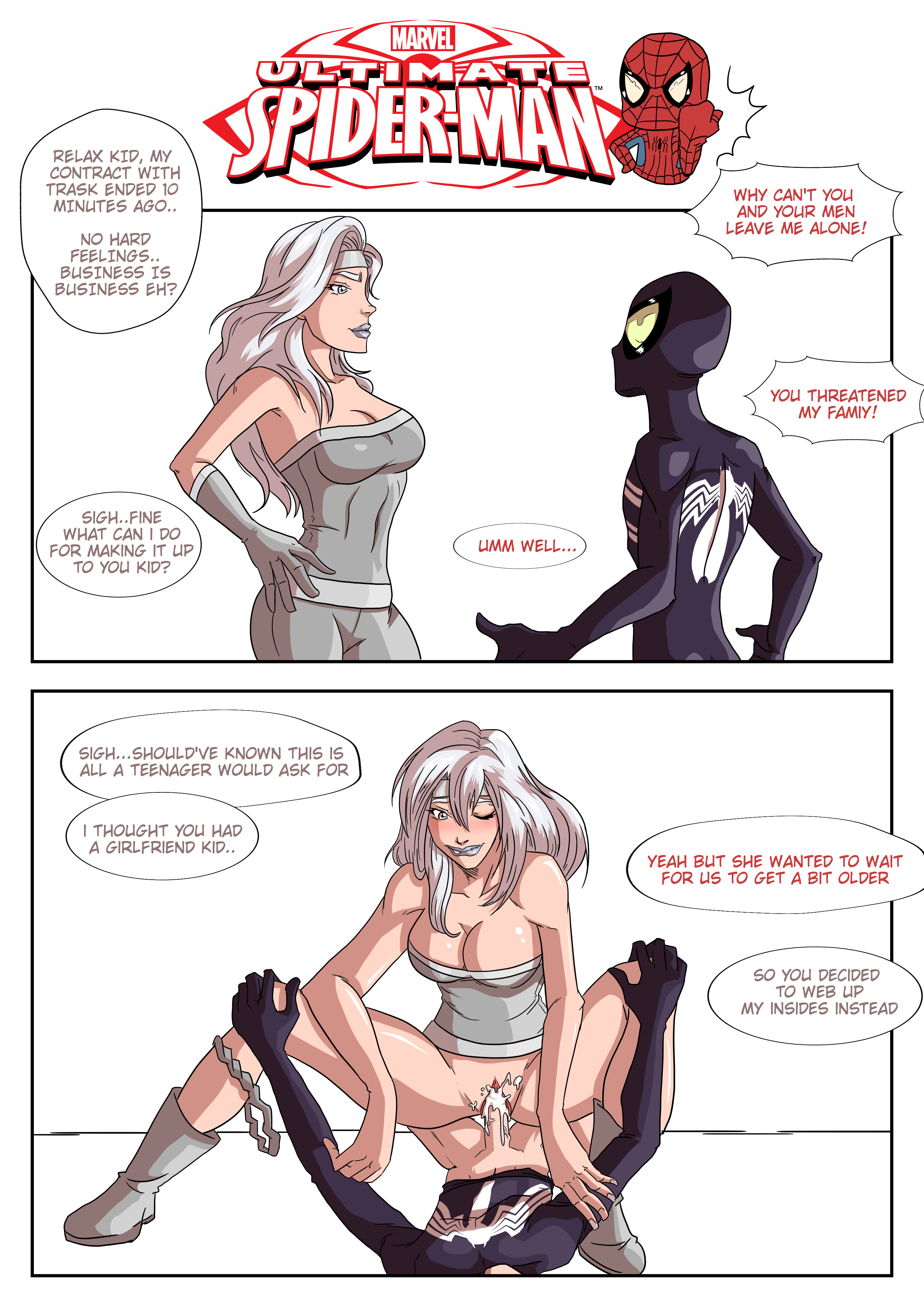 1boy, 1girls, cheating boyfriend, comic, cowgirl position, cum, cum in pussy, cum inside, english text, female, female on top, instant loss 2koma, male, marvel, marvel comics, panties around one leg, peter parker, pussy, recreator2099, sex, silver eyes, silver hair, silver sable, silver sablinova, spider-man, spider-man (series), straight, straight hair, text, ultimate marvel (2000), ultimate spider-man (2000), ultimate spider-man (show), vaginal penetration