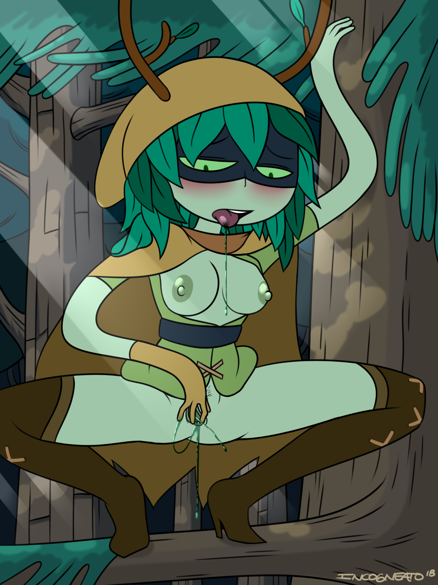 1girls 2018 adventure_time antlers areolae blush boots bottomless branch breasts breasts_out cartoon_network cloak dated drooling female female_masturbation female_only footwear forest front_view gloves green_eyes green_sclera green_skin high_heel_boots high_heels hood huntress_wizard in_tree incogneato large_breasts leaf_hair masturbation medium_breasts nipples open_shirt outdoors pussy pussy_juice pussy_juice_drip pussy_juice_string saliva shirt signature solo spread_legs squatting sunlight thigh_boots tongue tongue_out