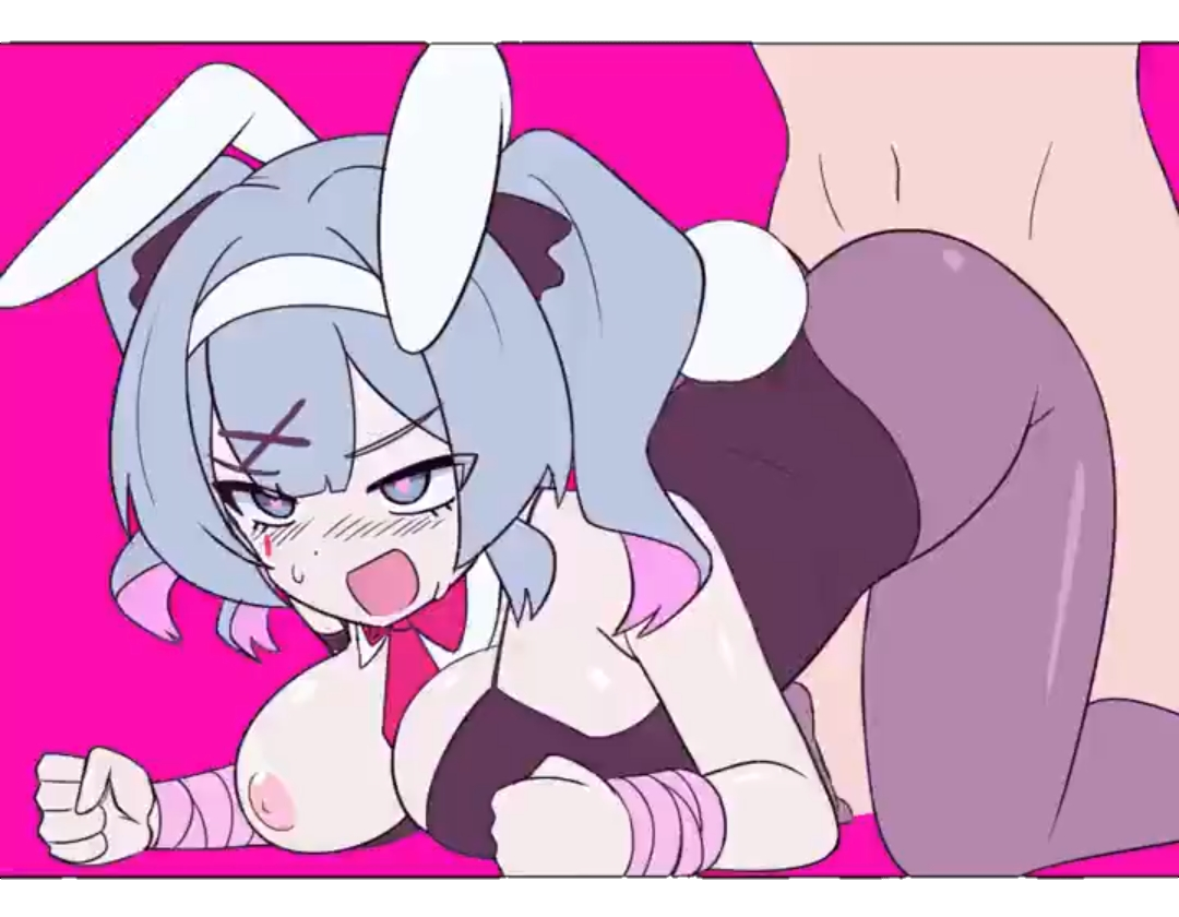 1boy, 1girl, animal ears, bandaged arm, bandages, bangs, blush, bow, breasts, detached collar, doggystyle, fake animal ears, female, hair ornament, hatsune miku, heart, heart-shaped pupils, hetero, large breasts, leotard, letterboxed, nipples, one breast out, open mouth, pantyhose, pink background, playboy bunny, rabbit ears, rabbit hole (vocaloid), rabbit tail, rnai generated, sex, sex from behind, simple background, solo focus, symbol-shaped pupils, tagme, tail, twintails, virtual youtuber, vocaloid, x hair ornament