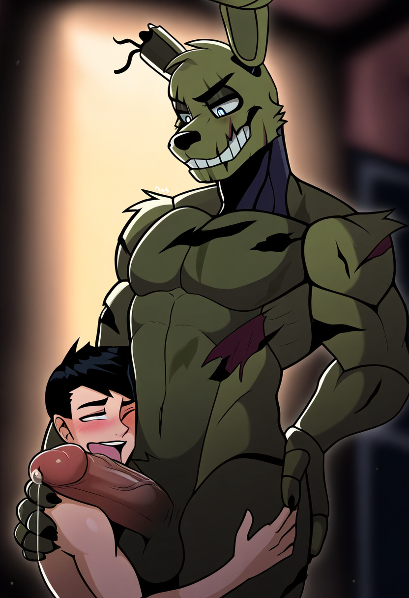 2boys ai ai_generated animatronic anthro_on_human balls black_hair blowjob blush bunny bunnysuit duo five_nights_at_freddy's five_nights_at_freddy's_3 furry furry_on_human gay human human_on_anthro looking_down male_only penis precum rotting scars smirk springtrap_(fnaf) unknown_character william_afton yaoi yaoi0man yiff