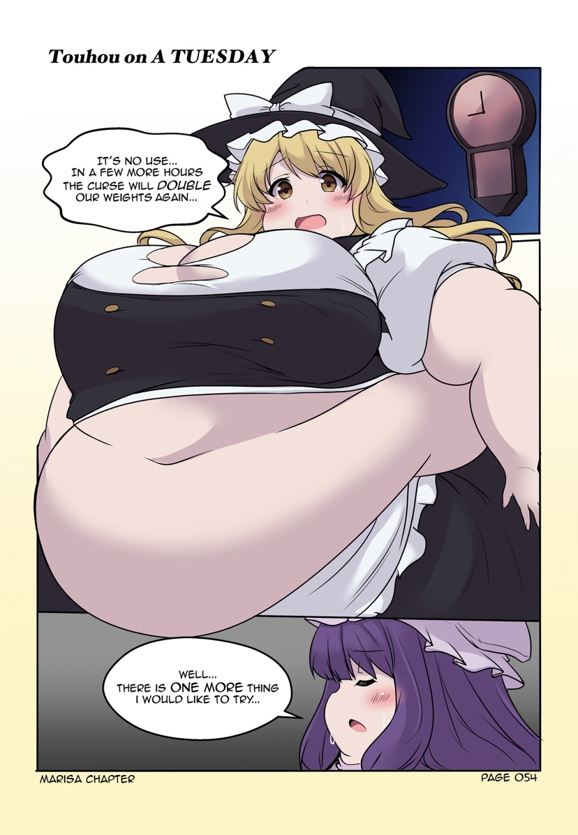 bbw belly_overhang big_belly big_female blush blush chubby chubby_female double_chin dr-black-jack embarrassed fat fat_arms fat_ass fat_female fat_fetish fat_girl fat_woman fatty huge_belly large_female marisa_kirisame morbidly_obese morbidly_obese_female obese obese_female overweight overweight_female patchouli_knowledge pig plump pork_chop thick_thighs tight_clothing tights touhou tubby weight_gain witch witch_costume witch_hat