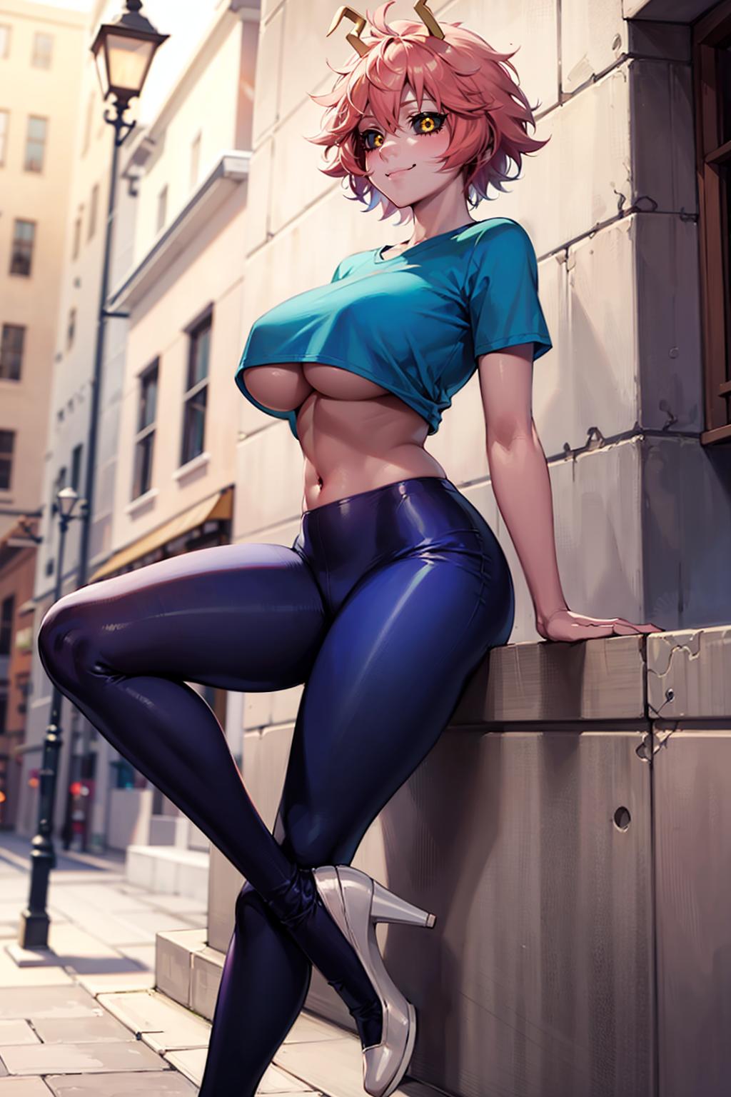 1girls ai_generated alternate_breast_size alternate_costume ass big_ass big_breasts black_sclera blurry_background blush breasts city clothing crop_top curvy eyelashes female female_focus female_only high_heels highres horn human large_ass large_breasts lips looking_at_viewer messy_hair mina_ashido my_hero_academia nai_diffusion navel no_bra outside pants pink_hair pinup self_upload shiny_skin shirt short_hair short_sleeves sitting skin_tight smile solo solo_female stable_diffusion street_lamp t-shirt thick_thighs thighs tights underboob voluptuous yellow_eyes zappatrappa_ai