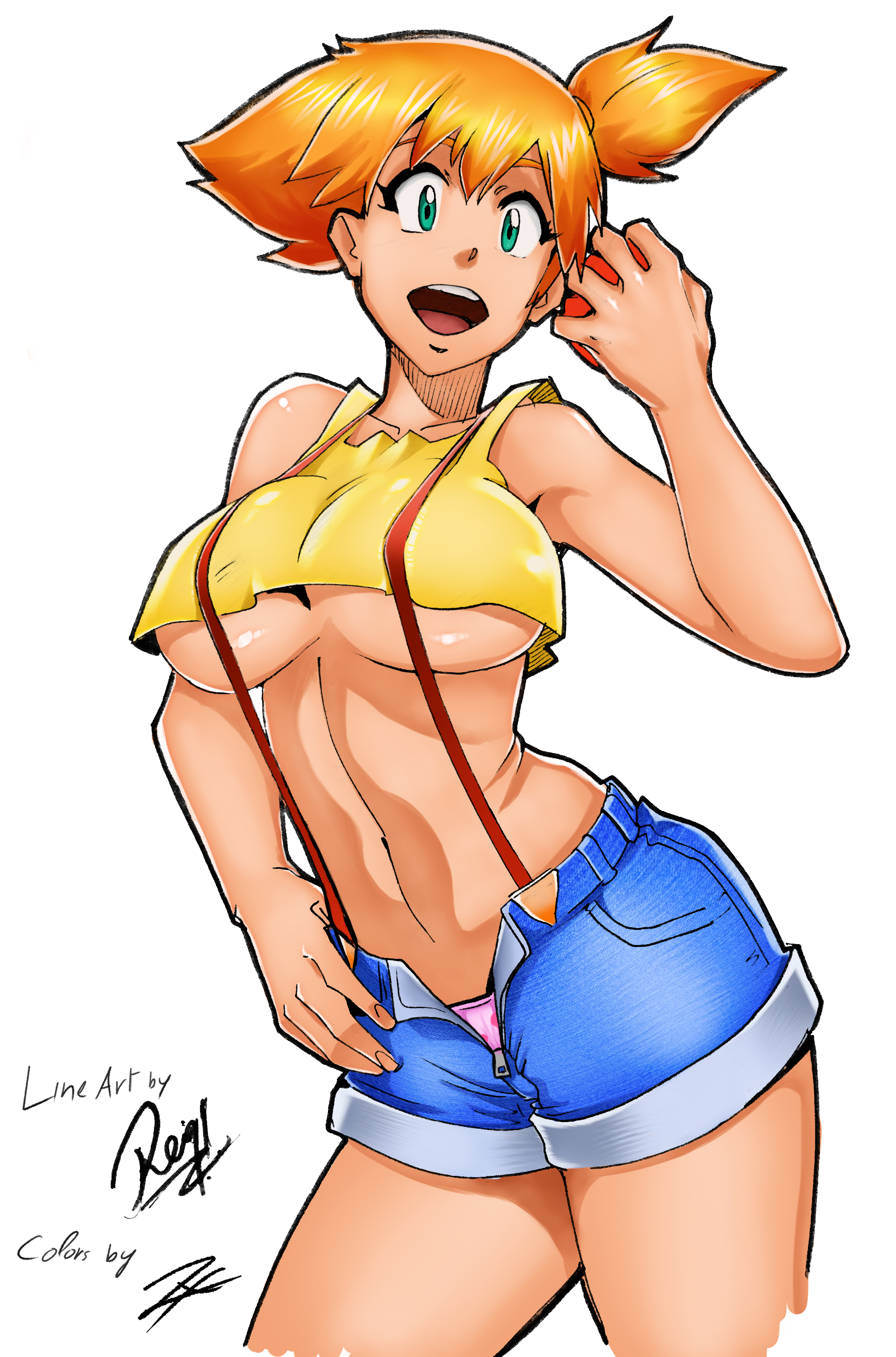 1girls, breasts, female, female only, human, human only, kasumi (pokemon), nintendo, orange hair, panties, pokemon, pokemon rgby, polka dot, polka dot panties, reiq, shirt, short shorts, shorts, suspenders, tank top, underboob, unzipped, white background