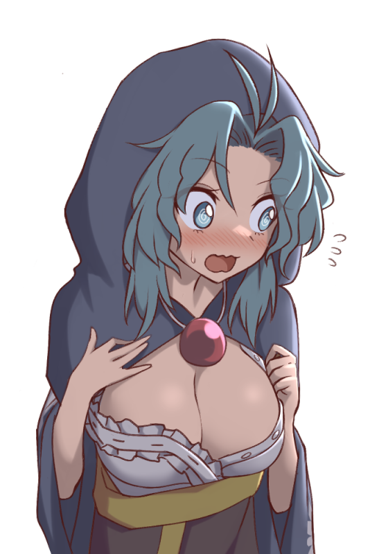 1girls 2d alternate_version_at_source blue_eyes blue_hair blush breasts cachemerro cleavage clothed clothed_female embarrassed female hood hood_up ichirin_kumoi looking_down looking_to_the_side medium_breasts medium_hair solo source standing sweat sweatdrop swirly_eyes touhou unbuttoned wavy_mouth white_background