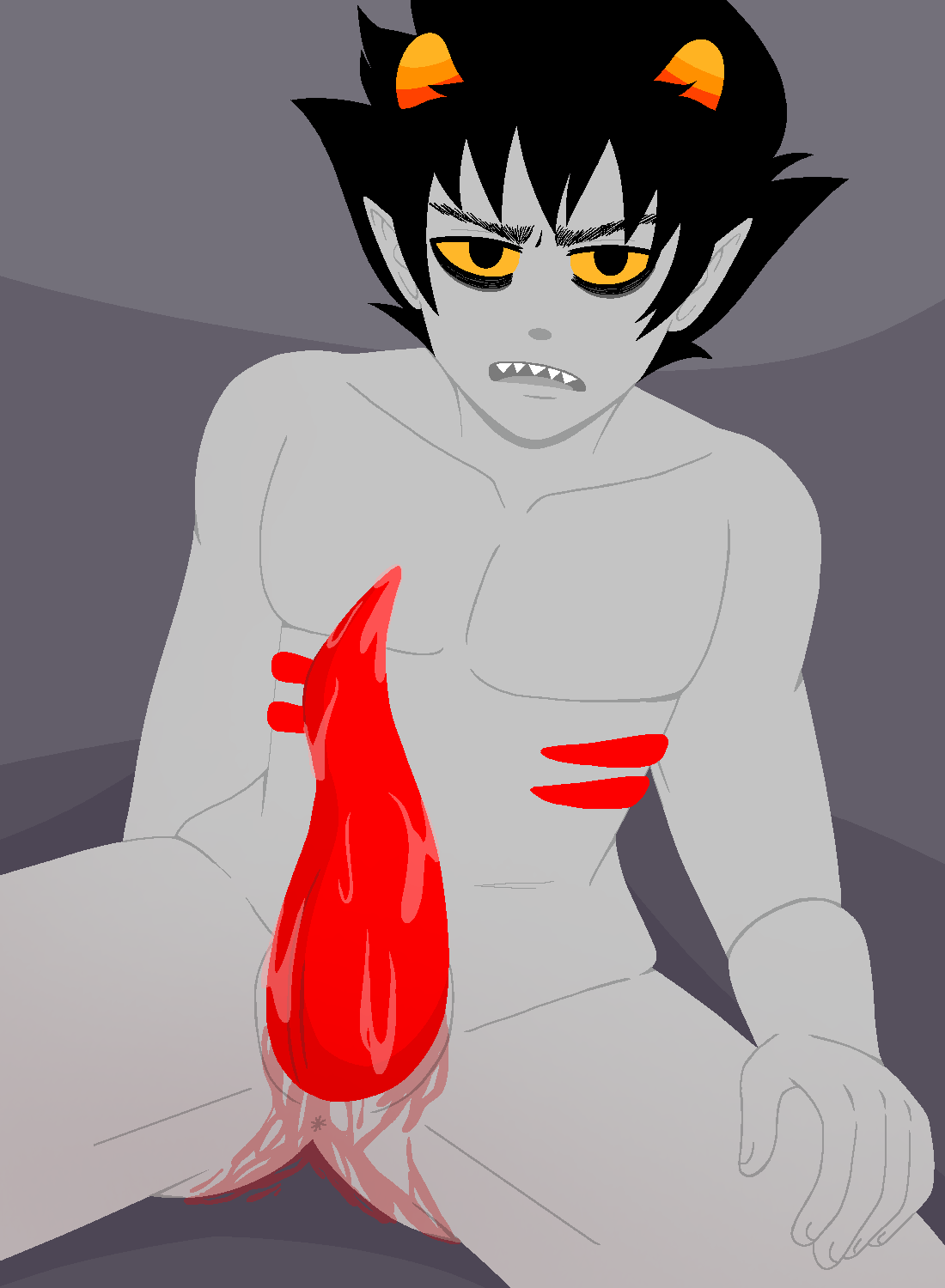 1boy alien black_hair black_hair_male colored_skin gray_skin homestuck homestuck_troll horn horns karkat_vantas lustydrawy male male_focus male_only short_hair short_hair_male solo solo_male tentabulge tentacle_penis troll weird