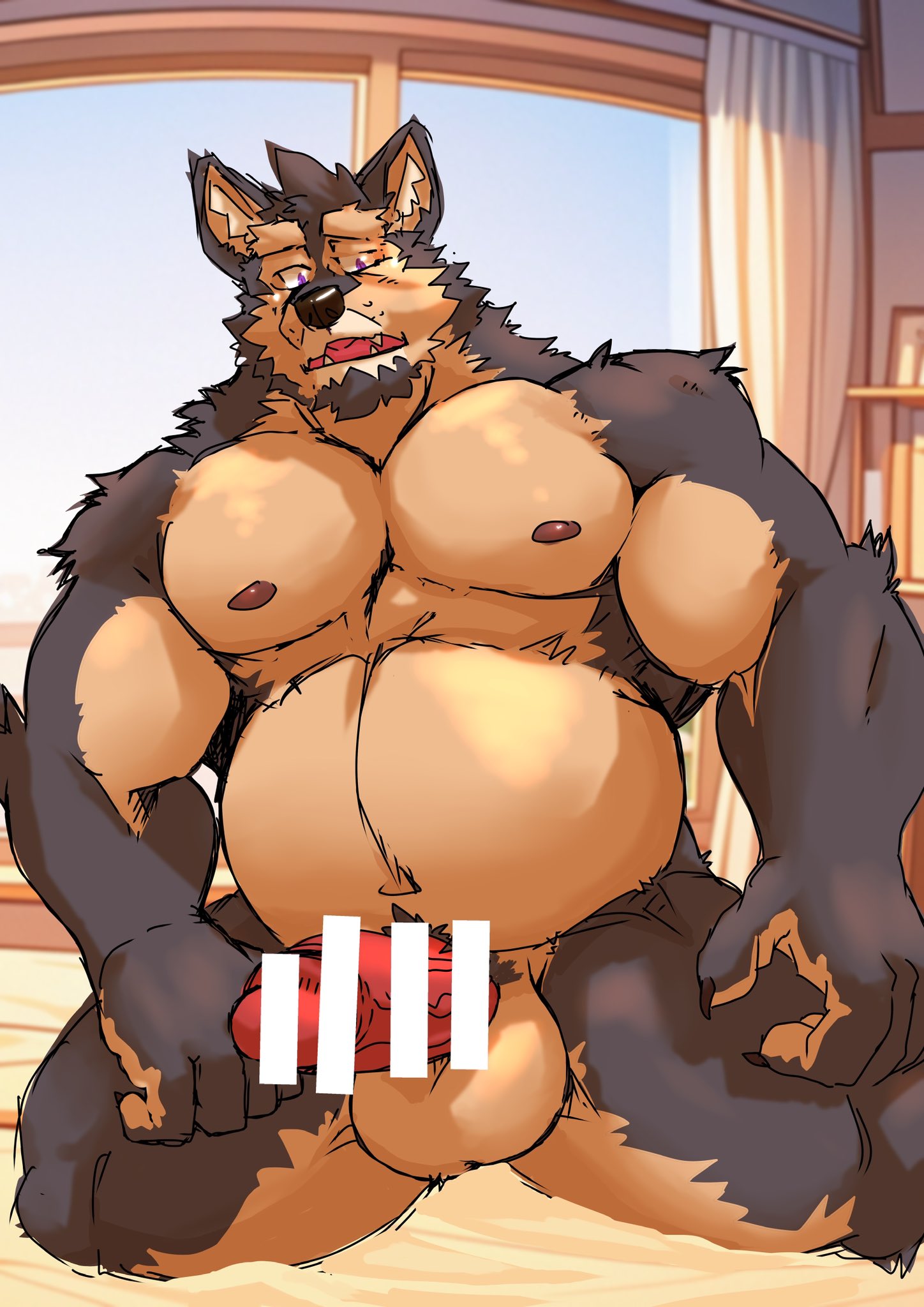 anthro balls belly brown_body brown_fur canid canine canis censored domestic_dog erection eyebrows fur genitals hi_res lifewonders live_a_hero male male_focus male_only mammal musclegut muscular navel nipples pecs penis pubraseer solo solo_male thick_eyebrows weight_gain yukikazefactory