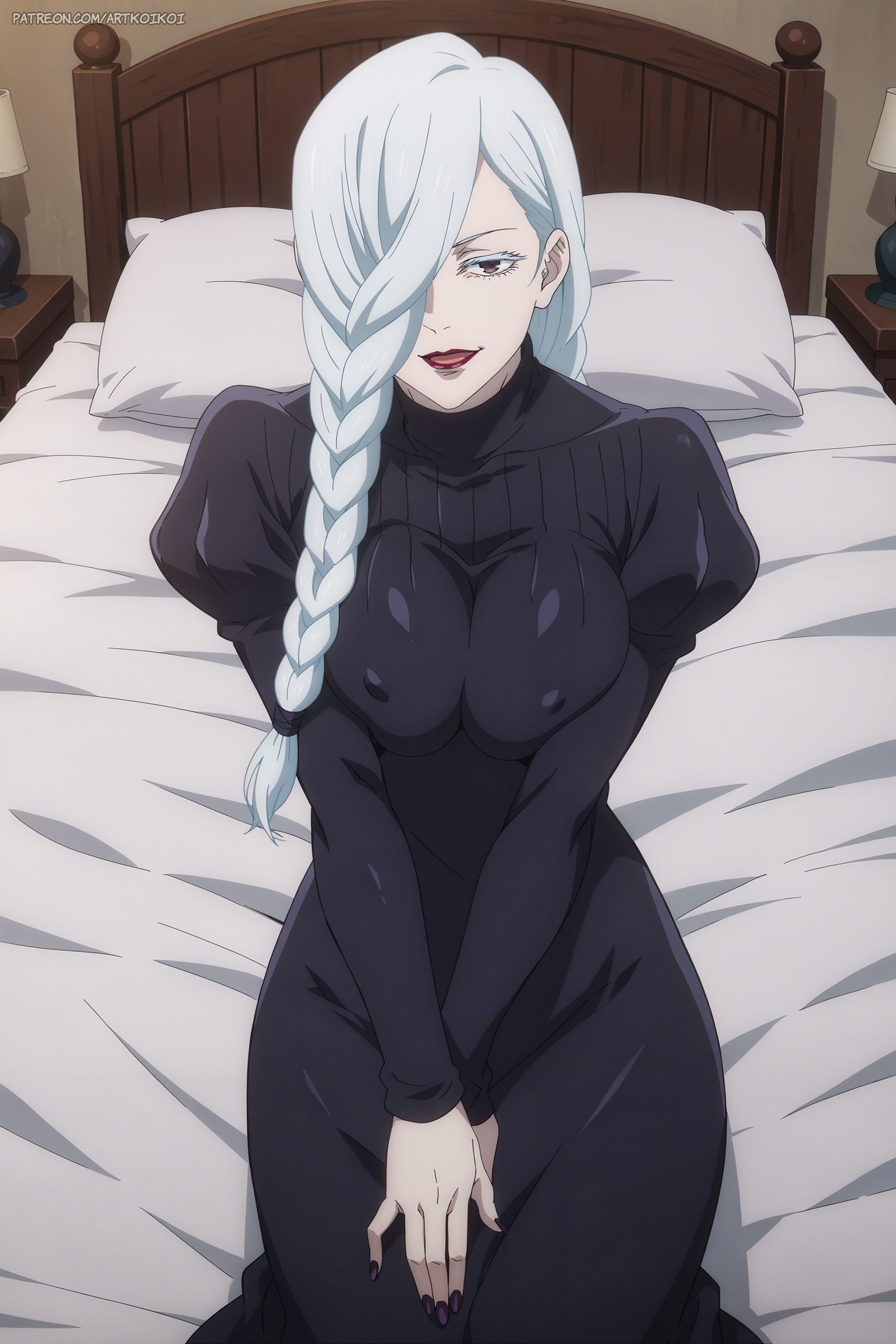 1girls, ai assisted, ai generated, artkoikoi, bed, bedroom, big breasts, braid, breasts, clothed female, clothing, commentary request, english commentary, female, female only, hair over one eye, hi res, highres, indoors, jujutsu kaisen, koikoi, light skin, light-skinned female, lipstick, looking at viewer, mei mei (jujutsu kaisen), milf, nipples, nipples visible through clothing, one eye obstructed, red lipstick, room, sitting, solo, solo female, very high resolution, visible nipples