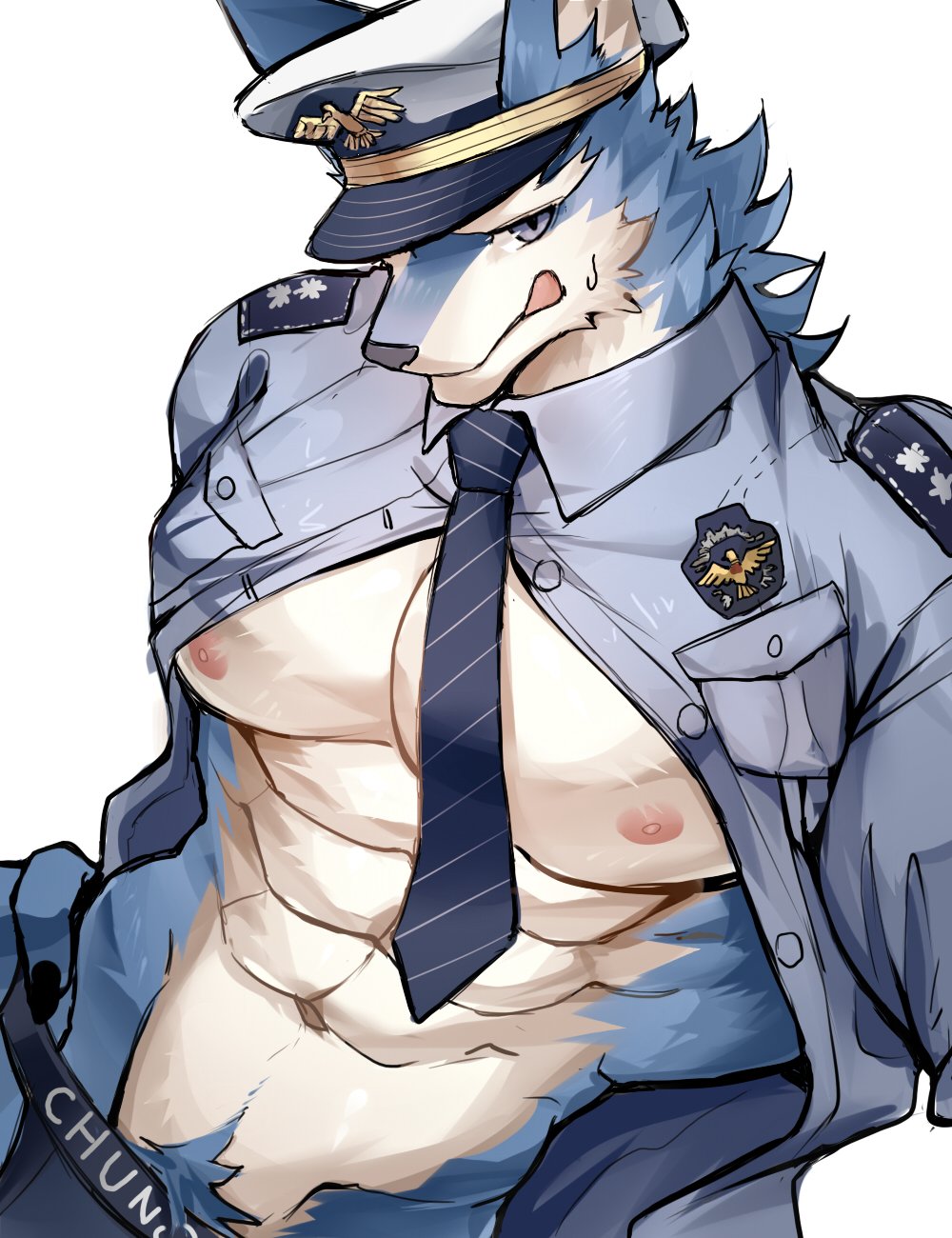 abs belly_button blue_body blue_clothing blue_eyes blue_fur bodily_fluids bulge canine chung0_0 chung_(chung0_0) clothed clothing hand_on_underwear licking_own_lips male mammal muscular muscular_anthro muscular_male navel nipples open_shirt pecs police police_officer police_uniform seductive sensual simple_background six_pack solo_focus striped_clothing sweat sweatdrop tie tongue tongue_out underwear white_background white_body white_fur wolf