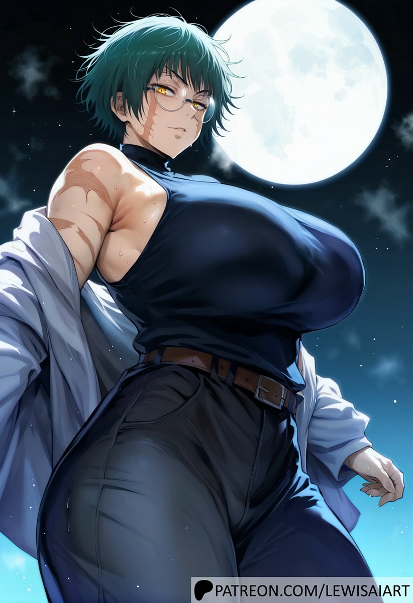 1girls ai_generated armpit armpits assertive_female dark_hair dominant_female femdom from_below glaring huge_ass huge_breasts jujutsu_kaisen looking_down_at_viewer low-angle_view moonlight piercing_eyes scars_all_over seductive_gaze seductive_look short_hair short_hair_female slim_waist smirking smirking_at_viewer strong_woman sweaty thick tight_clothing tomboy viewed_from_below wide_hips yellow_eyes zenin_maki