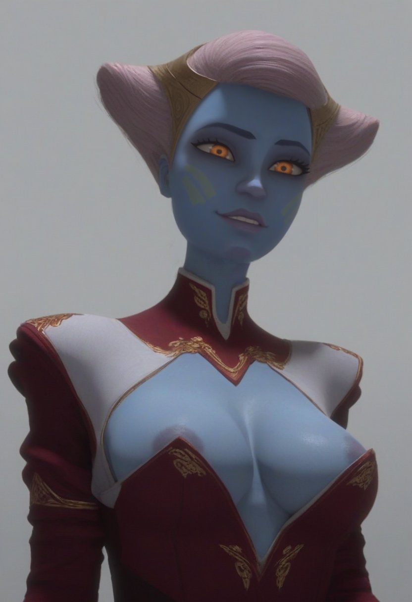 1girls ai_generated alien alien_girl areola areolae areolae_slip blue_body blue_skin cleavage cleavage_cutout clone_wars collar cutout duchess_eugene female female_only low-angle_view pantoran riyo_chuchi solo star_wars