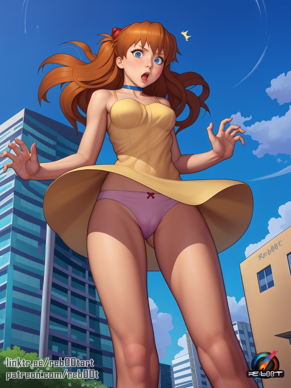 ai_generated asuka_langley_sohryu daytime neon_genesis_evangelion open_mouth outdoor panties patreon reb00t red_hair stable_diffusion thighs upskirt yellow_dress