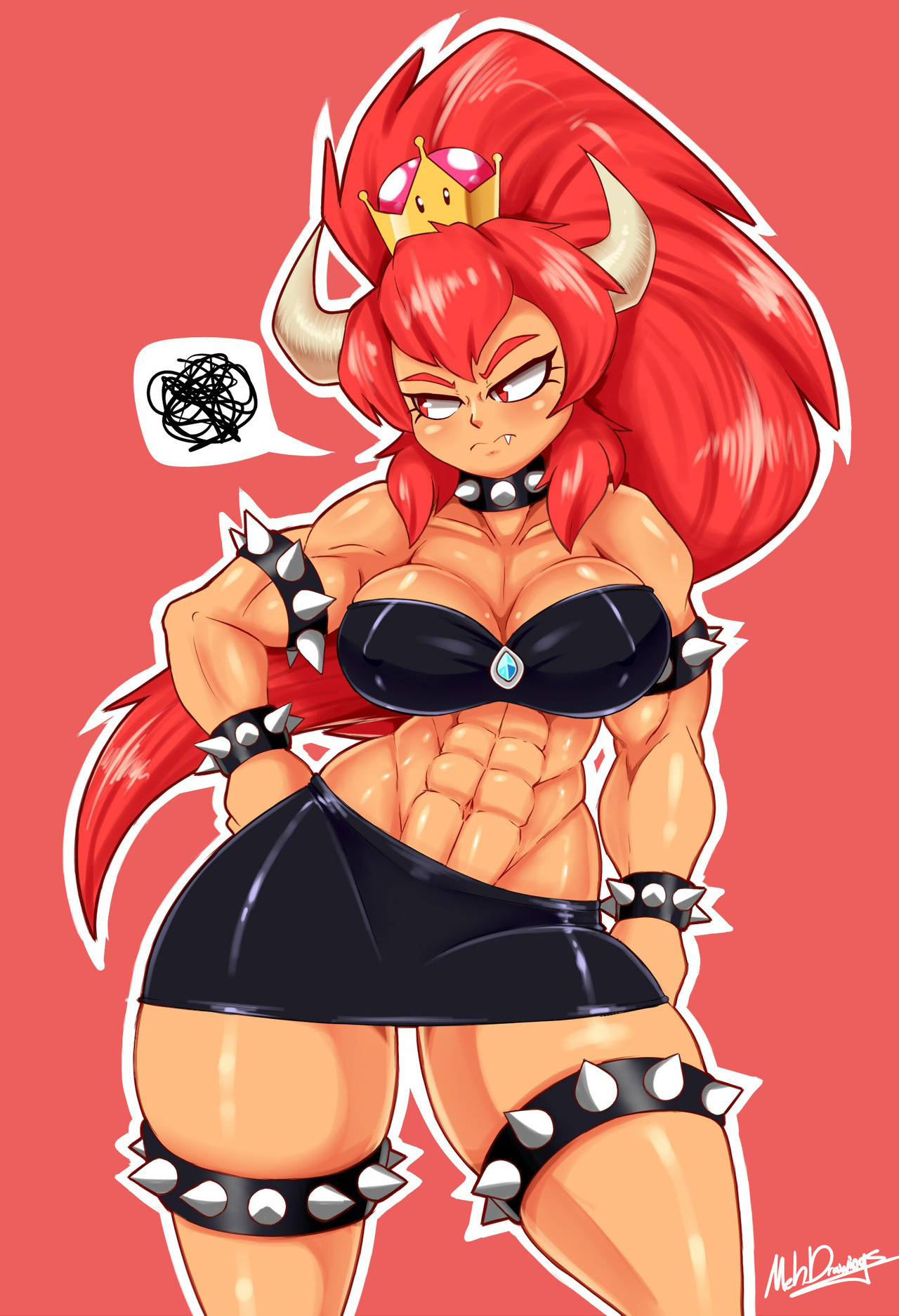 1girls, abs, big breasts, bowsette, breasts, cleavage, dark skin, dark-skinned female, female, female only, fully clothed, genderswap, large breasts, mario (series), mehdrawings, muscles, muscular, muscular female, new super mario bros. u deluxe, nintendo, red bowsette, red hair, rule 63, solo, thunder thighs
