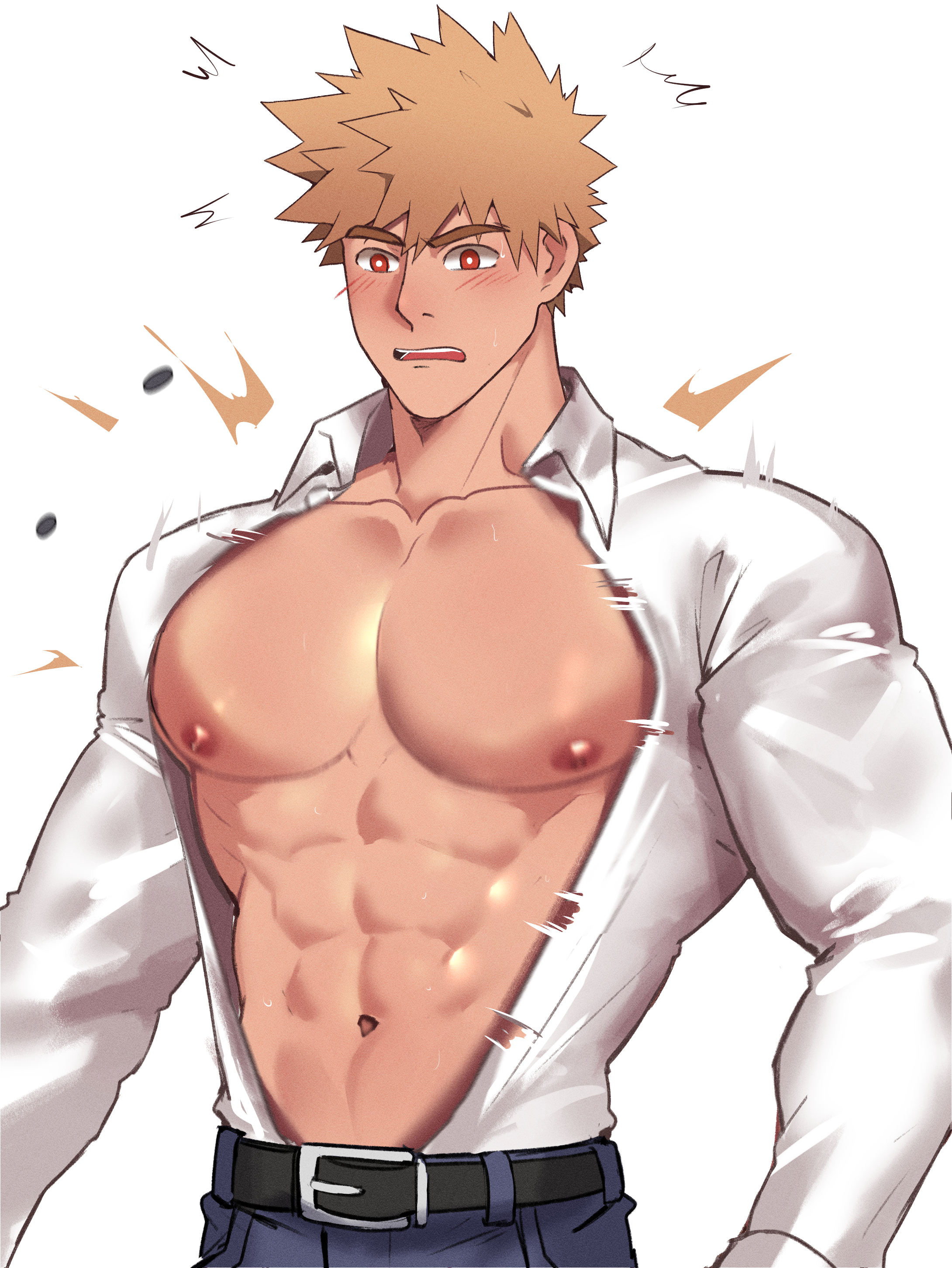 1boy, 1male, abs, bakugou katsuki, bara, bishonen, blonde, blush, blush lines, boku no hero academia, button pop, exposed, exposed breasts, gay, jackray85674939, katsuki bakugou, male, male focus, male only, muscular, muscular male, my hero academia, ripped clothing, shirt, shirt open, solo, solo focus, spiky hair, surprised, surprised expression, yaoi