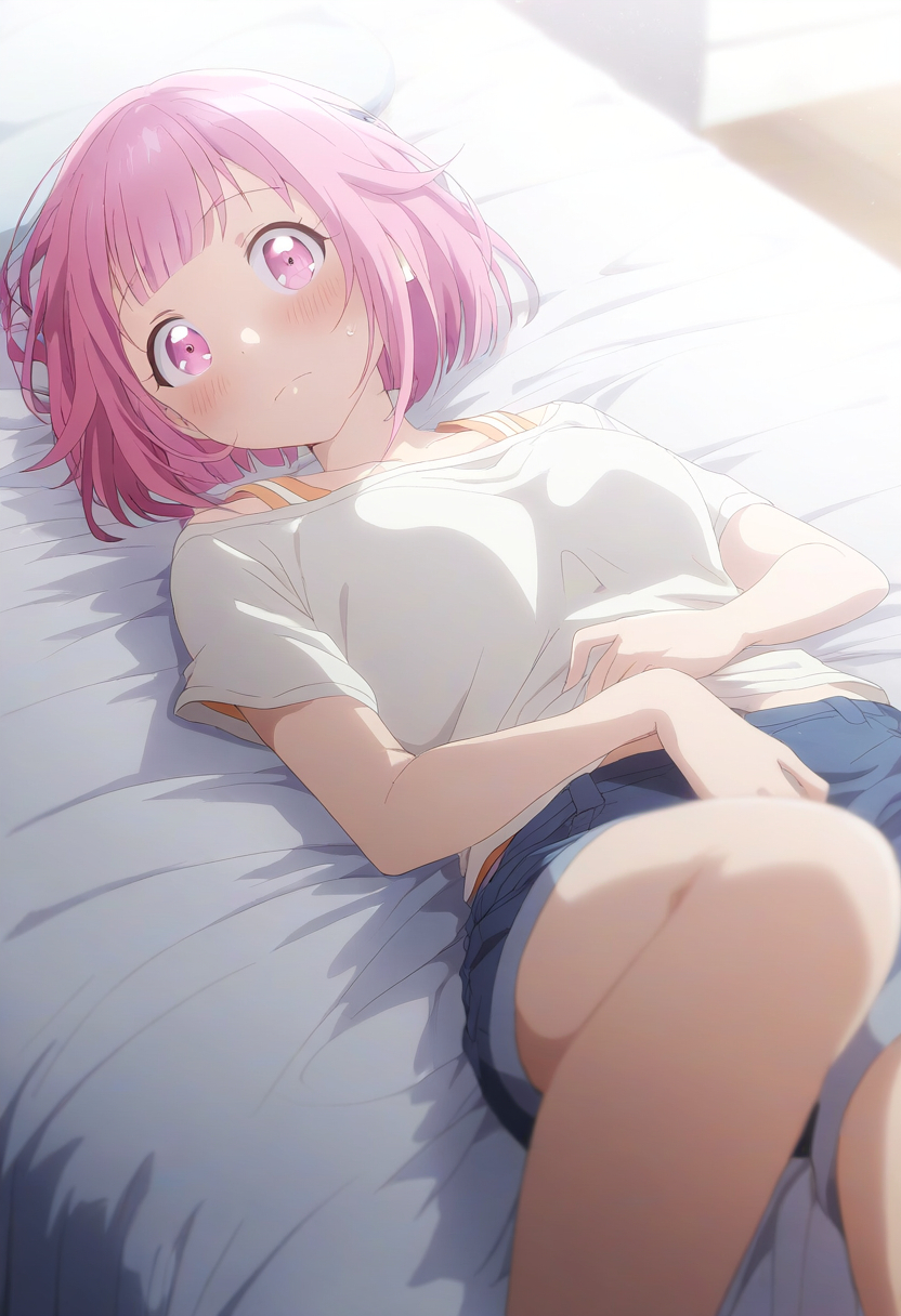 1girls ai_generated bed bedroom blush blush bottomwear breasts breasts breasts clothed clothing female female_focus female_only high_resolution highres laying_down laying_on_back laying_on_bed looking_at_viewer medium_breasts on_back on_bed ootori_emu pink_eyes pink_hair pov project_sekai shirt shorts solo solo_female solo_focus thighs topwear