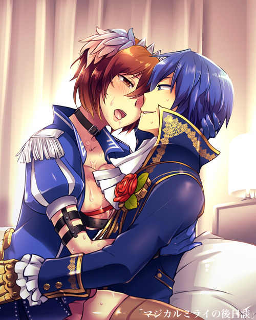 1boy bedroom belt_collar blue_crystal_(module) blue_eyes blue_gloves blue_hair blush breasts brown_hair caffein chest_belt cleavage collar commentary_request crown epaulettes female flower gloves grin hand_on_another&#039;s_back hand_on_another&#039;s_head implied_sex kaito_(vocaloid) large_breasts male meiko_(vocaloid) mini_crown open_mouth project_diva_(series) red_flower red_rose requiem_(module) rose short_hair sitting sitting_on_lap sitting_on_person smile straight sweat thighhighs translation_request vocaloid
