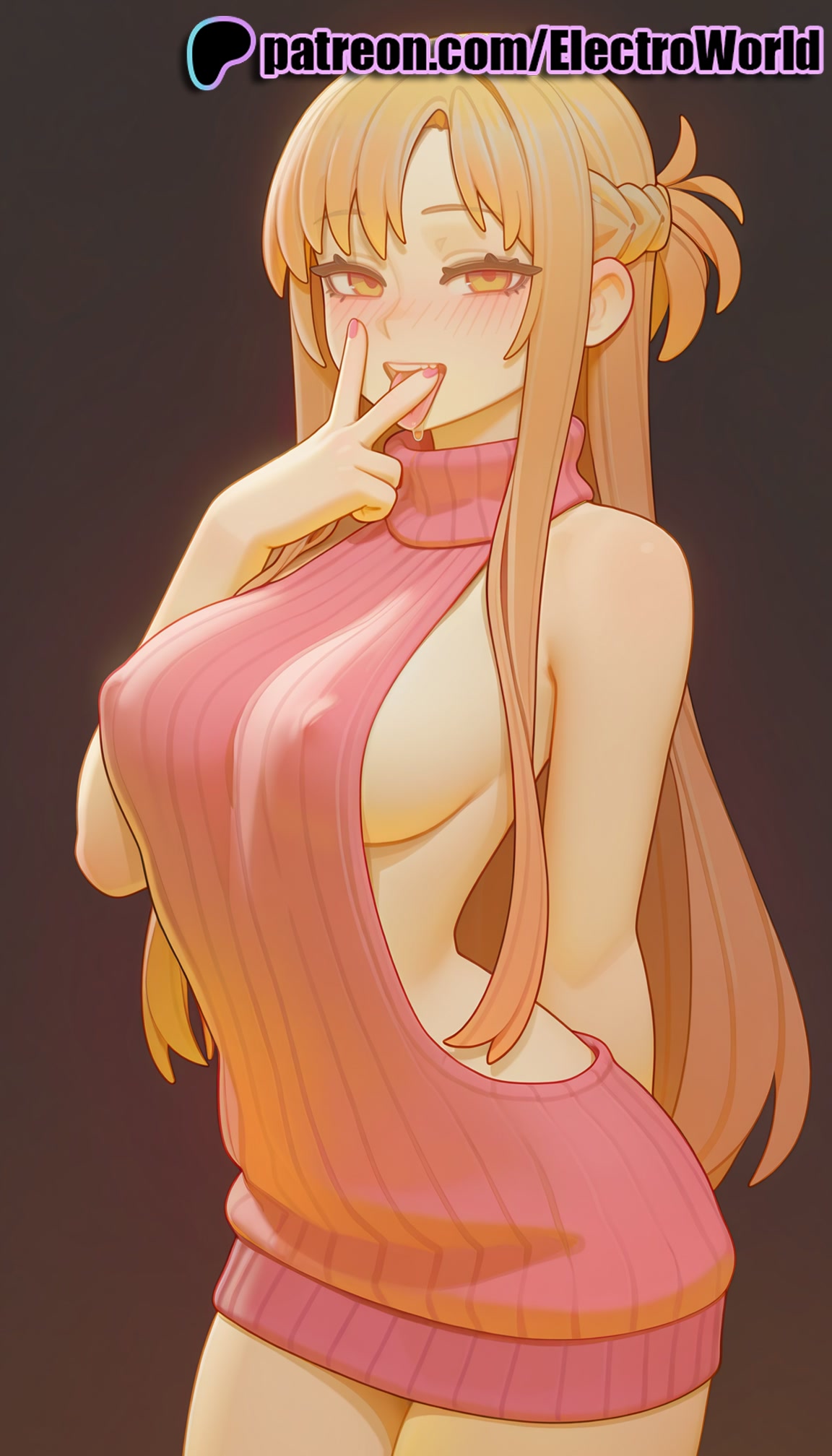 1girls, 2025, ai generated, artist name, bangs, bare shoulders, big breasts, big chest, blonde hair, blush, braid, breasts, bust, busty, chest, cowboy shot, dress, electroworld, eyebrows visible through hair, female, hi res, high quality, high resolution, highres, large breasts, long hair, meme attire, nail polish, naked sweater, patreon, patreon username, pink nails, pink sweater, ribbed sweater, scarf, sideboob, solo, stable diffusion, sweater, sword art online, virgin killer sweater, watermark, yuuki asuna