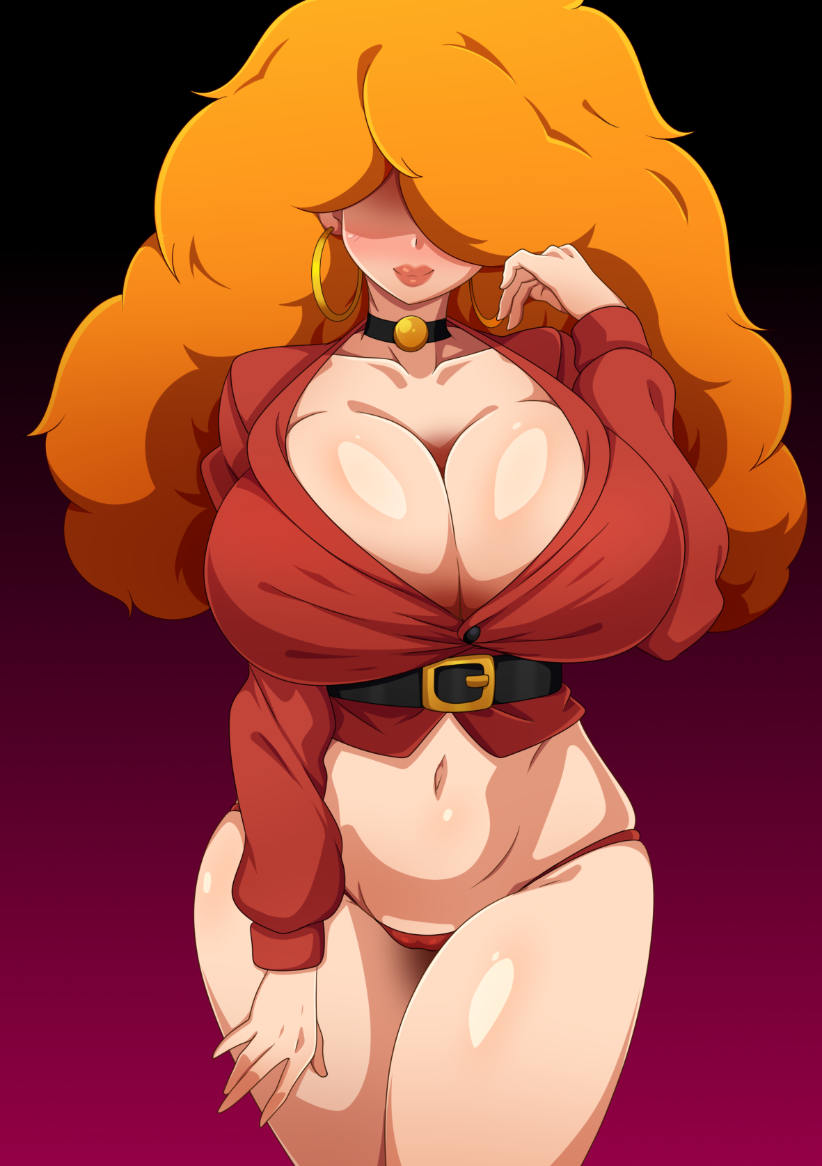 1girls, big breasts, big hair, bottomwear, breasts, cleavage, clothing, ear piercing, earrings, female, female only, hair, hair over eyes, hips, hoop earrings, huge breasts, kani club, large breasts, lips, mature, mature female, mature woman, neckwear, orange hair, panties, powerpuff girls, red panties, sara bellum, solo, solo female, thick lips, thighs, topwear
