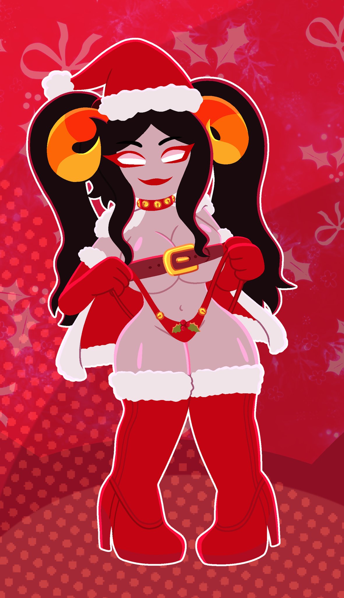 1girls alien arm_warmers black_hair_female christmas christmas_outfit colored_skin damara_megido female female_focus grey_skin high_heels homestuck homestuck_troll horn horns long_hair long_hair_female lustydrawy solo solo_female solo_focus stockings thigh_boots troll twintails