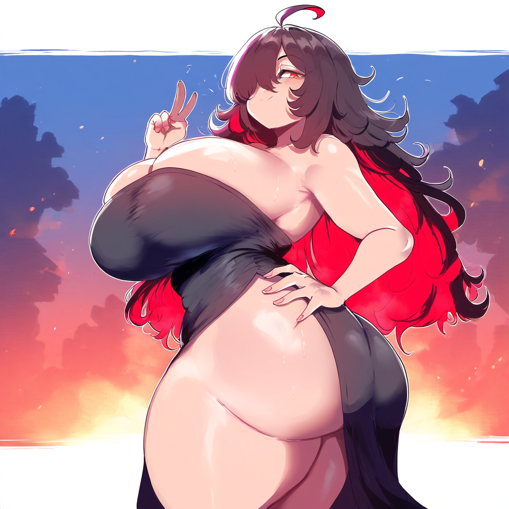 ai_generated amber_eyes ameanon black_dress dark_hair female large_breasts sorceress sorceress_sophia thick_thighs two_tone_hair villainess witch