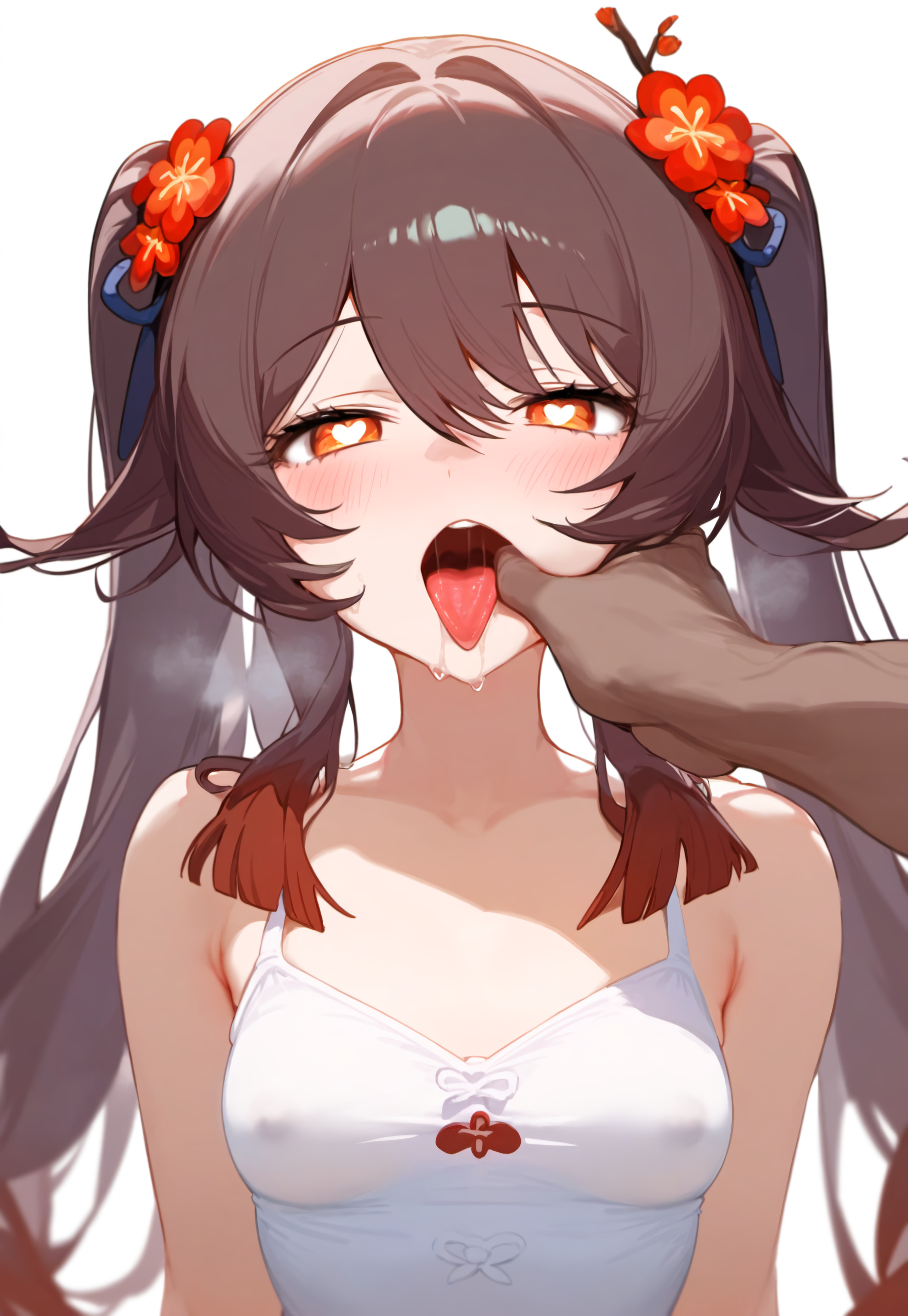 ai generated, blush, brown hair, covered nipples, dark skin, dark-skinned male, female, finger in another's mouth, genshin impact, heart-shaped pupils, hu tao (genshin impact), looking at viewer, male, open mouth, red eyes, saliva, simple background, steam, tongue, tongue out, two side up, upper body, white background, ztenebrae