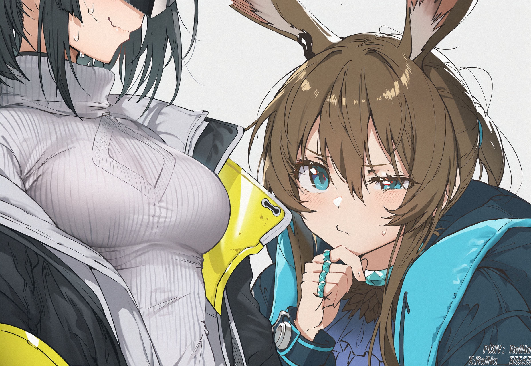 2females, 2girls, amiya (arknights), arknights, arknights: endfield, clothed, endministrator (arknights: endfield), female endministrator (arknights: endfield), staring at breasts