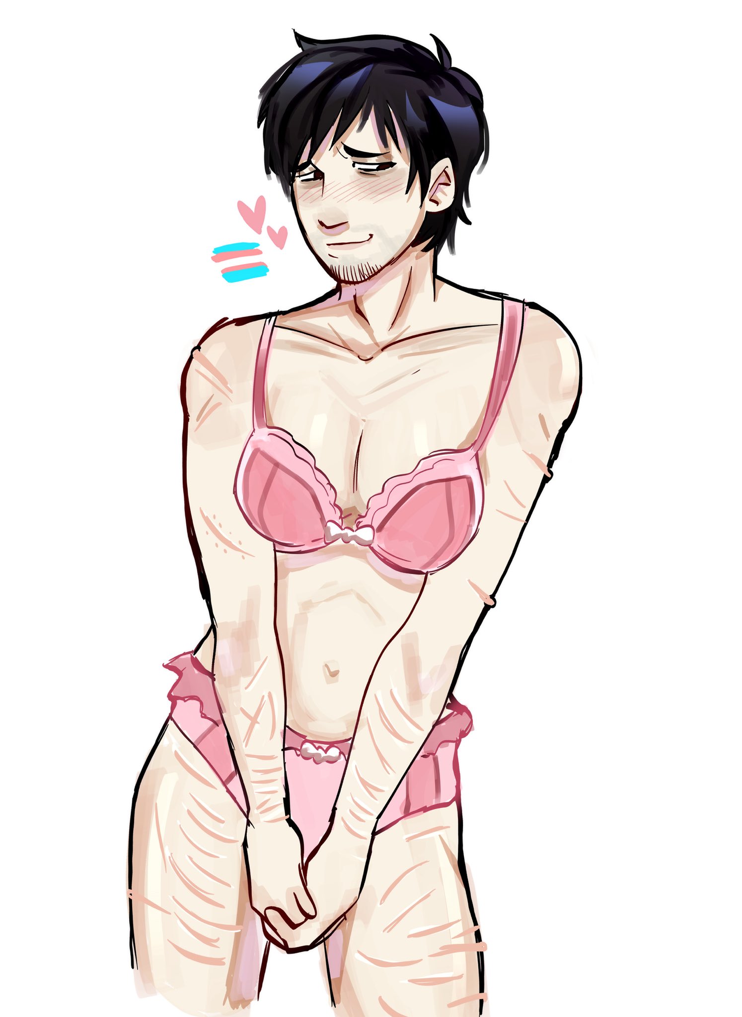blush lines, blushing at viewer, blushing profusely, bra, breasts, crossdressing, cry of fear, facial, lace trim, lace-trimmed bra, lace-trimmed panties, lingerie only, male, masculine crossdresser, nyankitty art, panties, pink bra, pink panties, pinup, pinup pose, posing for the viewer, scars, scars all over, scars on thighs, self-harm scars, simon henriksson, skinny, small breasts, trans woman, transfem, transgender flag, transgender pride colors
