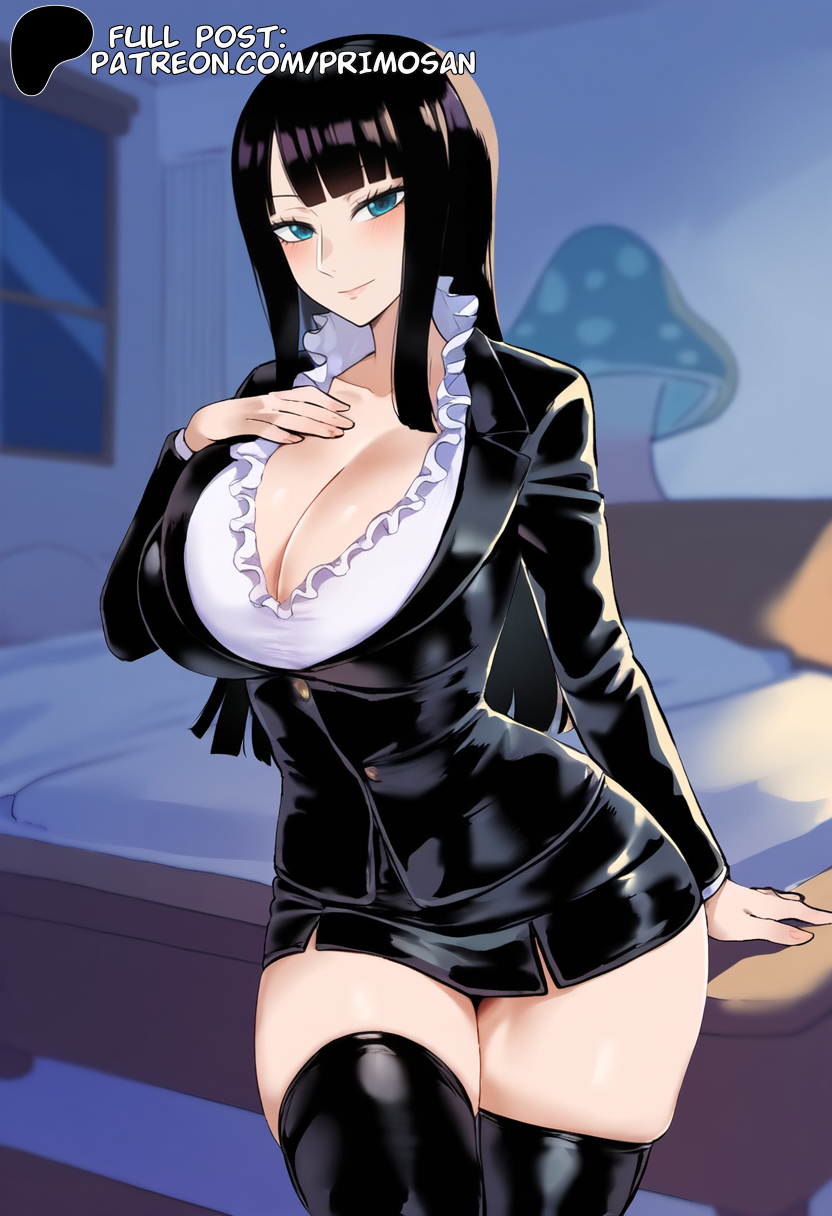 ai_generated bangs black_clothing black_hair black_skirt blue_eyes blunt_bangs crossed_legs female female_only hand_on_own_chest jacket large_breasts latex legwear looking_at_viewer nico_robin one_piece primosan shirt skirt smile standing