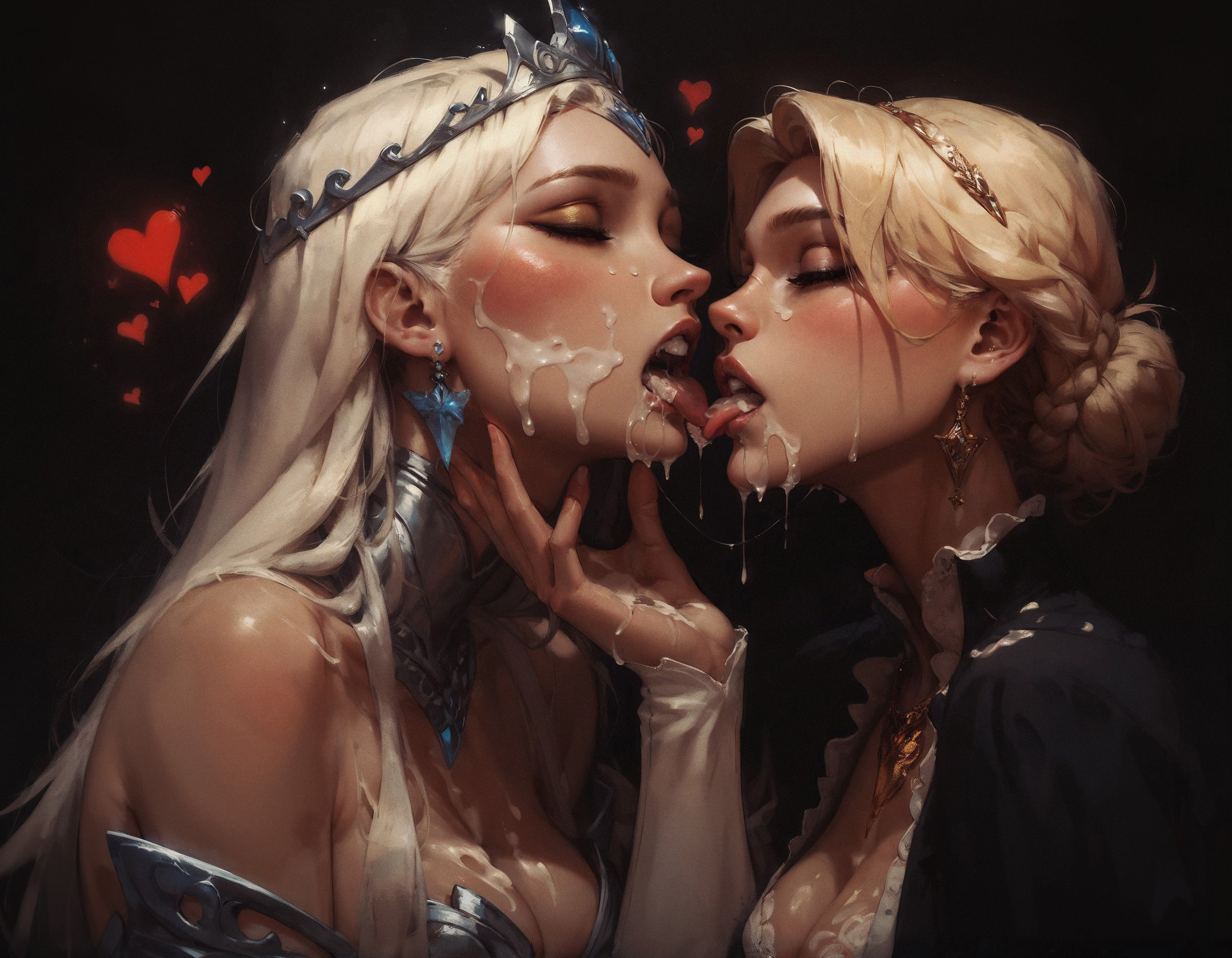 2girls, ai generated, blonde hair, cum kiss, cum on face, female, kissing, tagme, tiara