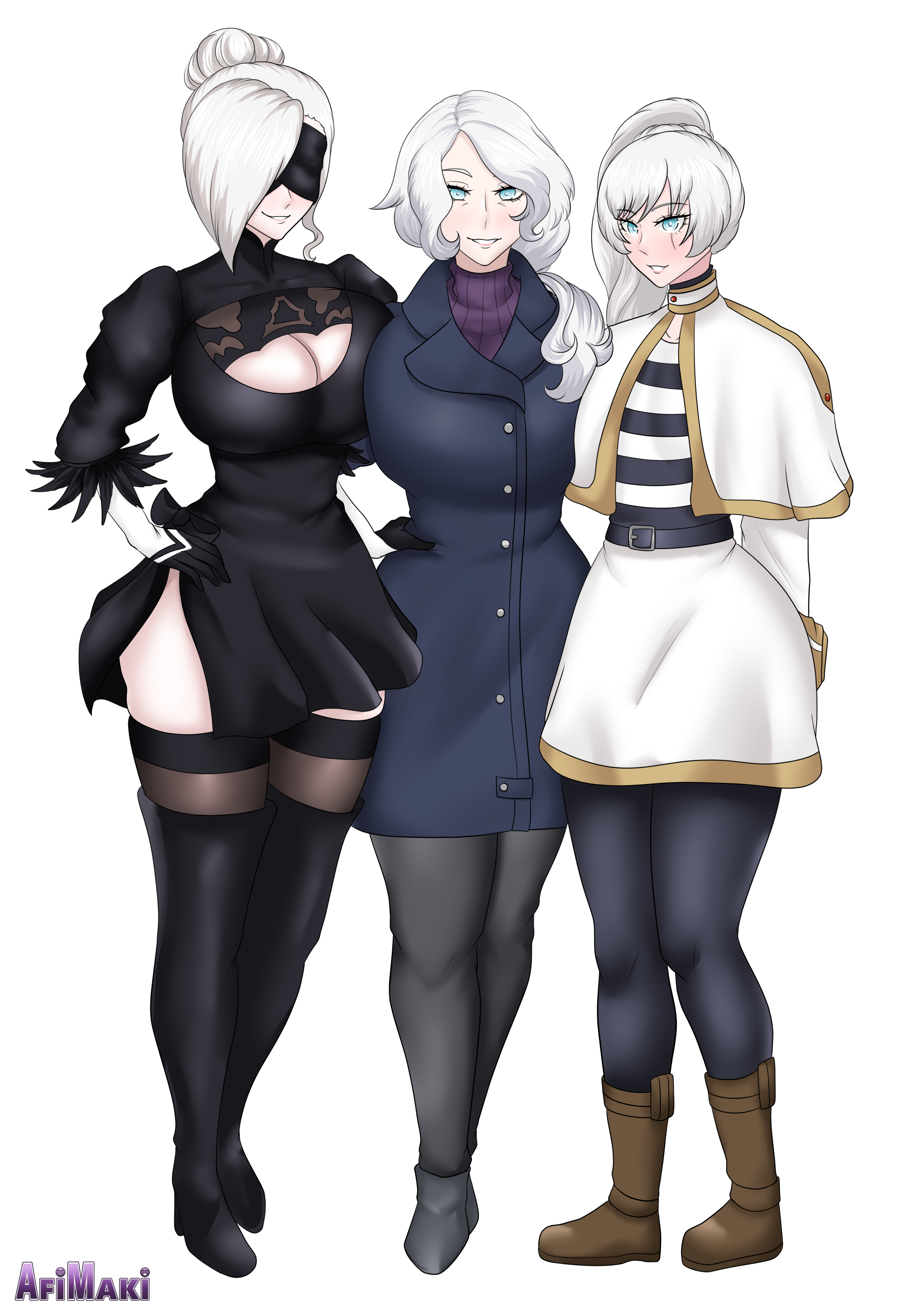 3girls, afimaki, alternate version available, big breasts, black boots, black heels, black high heel boots, black high heels, blindfold, blue coat, blue eyes, boots, breasts, brown boots, cleavage, coat, cosplay, crossover, crossover cosplay, female, female only, fiona frost (cosplay), frieren (cosplay), hair bun, heels, high heel boots, high heels, huge breasts, large breasts, long hair, milf, mother and daughter, multiple females, multiple girls, nier (series), nier: automata, ponytail, rwby, sisters, smile, sousou no frieren, spy x family, weiss schnee, white hair, willow schnee, winter schnee, yorha 2b (cosplay)