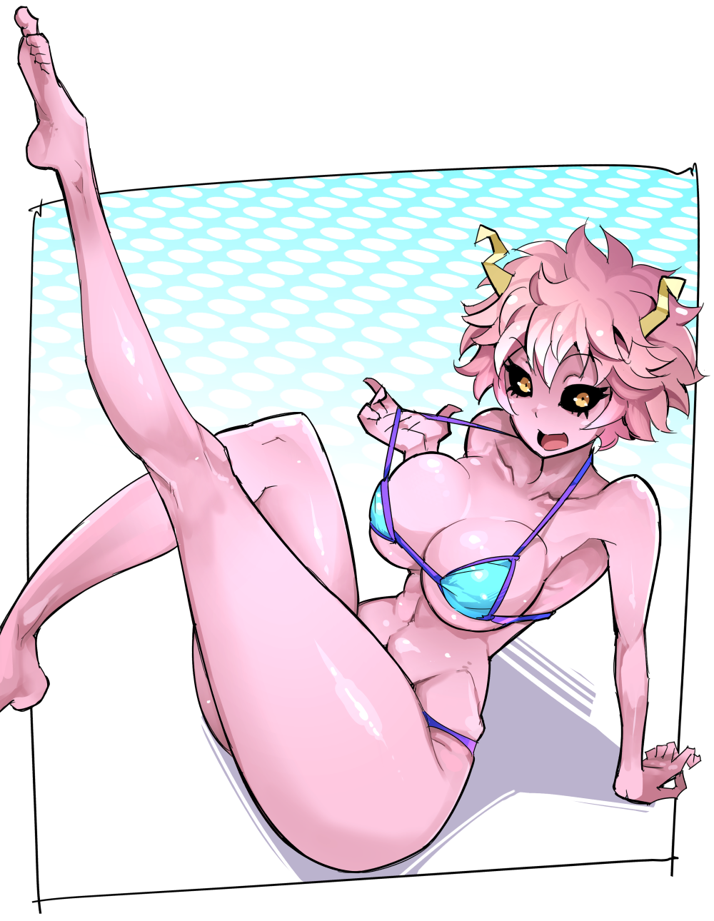 1girls abs arm_support ass barefoot big_ass bikini bikini_tug bimbo black_sclera breasts cleavage clothed collarbone curvy eyelashes feet female female_only highres horns huge_breasts humanoid large_breasts looking_at_viewer mina_ashido my_hero_academia nac000 navel open_mouth open_smile pink_hair pink_skin posing shiny_skin short_hair shounen_jump sitting smile soles solo solo_female teenager thick_thighs toes toned wide_hips yellow_eyes