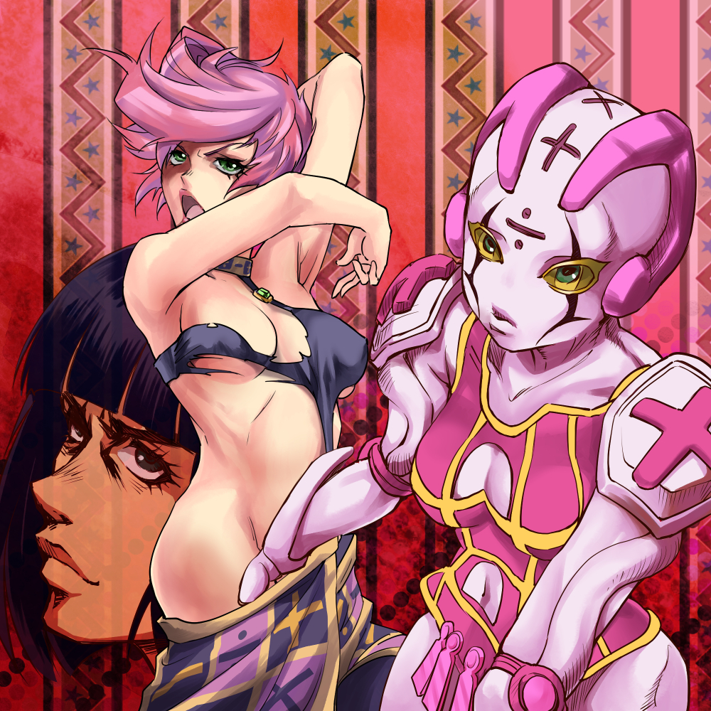 1boy 2girls 2girls1boy arm_behind_head armpit armpits arms_up background_character battle_damage belly black_hair black_hair_male bruno_buccellati choker covered_nipples damaged damaged_clothes erect_nipples female fingering green_eyes green_eyes_female half_naked hand_in_skirt hips jojo's_bizarre_adventure kemi_(kemi433) looking_at_viewer male midriff navel navel_cutout no_panties open_mouth pink_hair pink_hair_female posing sexy_armpits skirt_down skirt_pull spice_girl stand_(jjba) standcest stomach torn_bra torn_clothes trish_una underboob undressing vento_aureo