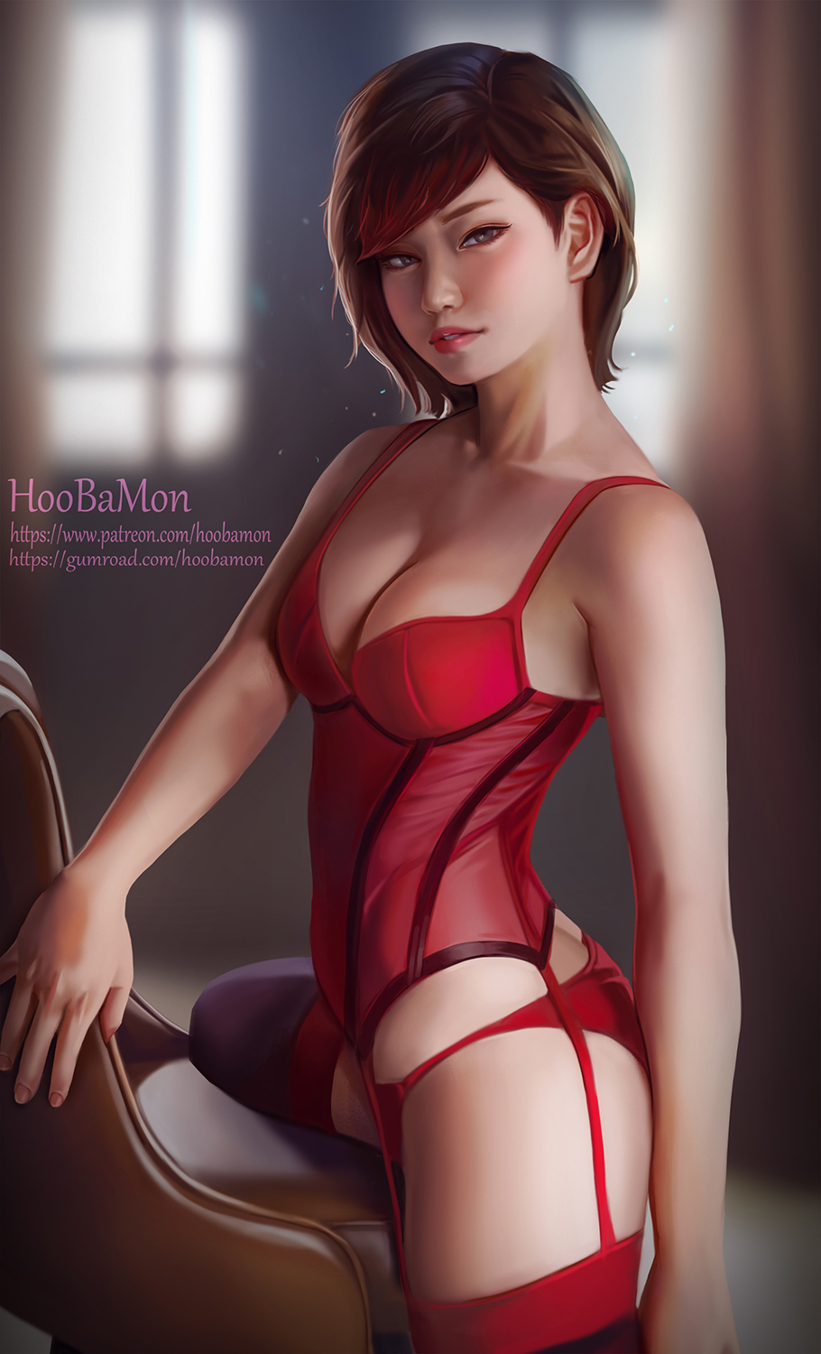 breasts, bustier, cleavage, female, female only, garter belt, hoobamon, lingerie, looking at viewer, ruby rose, rwby, solo, thighhighs