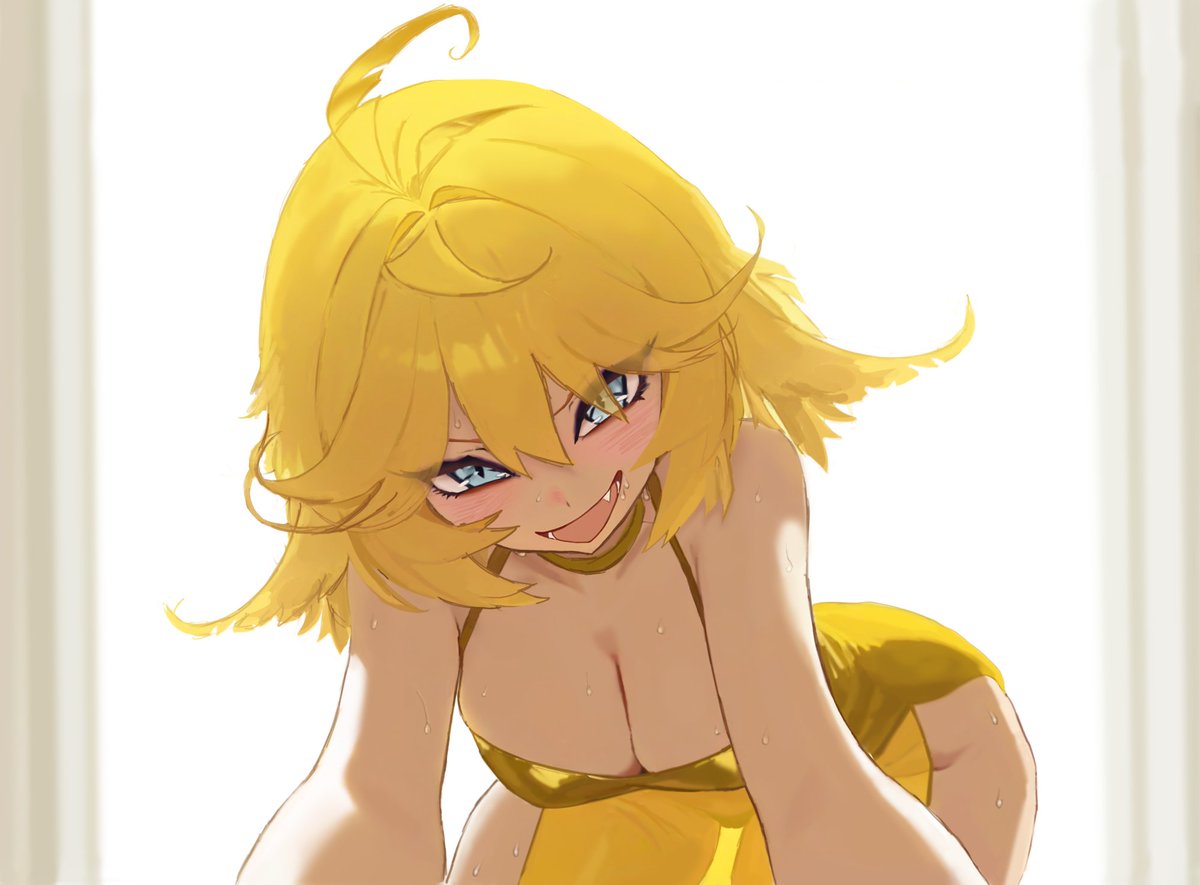 1girls ahoge blonde_hair blue_eyes cleavage dokibird head_wings indie_virtual_youtuber looking_at_viewer see-through_dress sweat tits virtual_youtuber vtuber yellow_dress