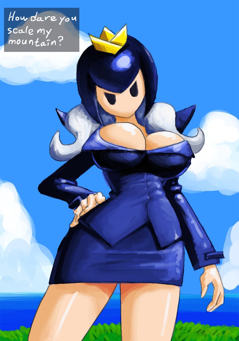 1girls anthro big_breasts bimbo black_eyes bob-omb bob-omb_girl breasts busty cleavage cleavage_overflow crown english_text female female_focus female_only hand_on_hip helmet hourglass_figure humanized king_bob-omb large_breasts looking_at_viewer mario_(series) minus8 nintendo no_mouth pencil_skirt pose posing rule_63 simple_background solo_female solo_focus super_mario_64 text text_box voluptuous white_hair wide_hips