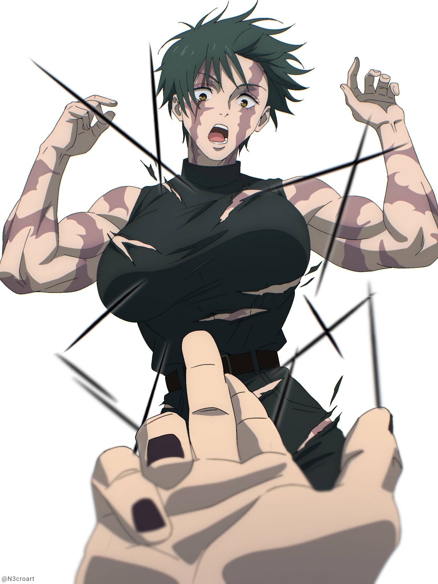 1boy, 1girls, big boobs, big breasts, boobs, bouncing breasts, breasts, green hair, jujutsu kaisen, n3croart, ryoumen sukuna (jujutsu kaisen), scars, short hair, yellow eyes, zenin maki