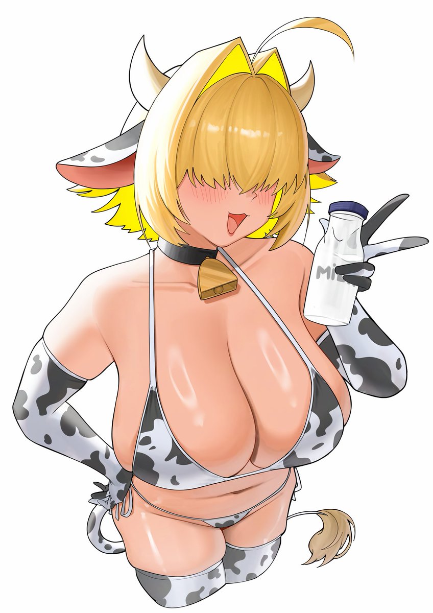 :3, :d, cow print, cow print bikini, curvy, elegg (nikke), goddess of victory: nikke, hair over eyes, huge breasts, lips, milk bottle, plump, thick thighs, voluptuous, wide hips