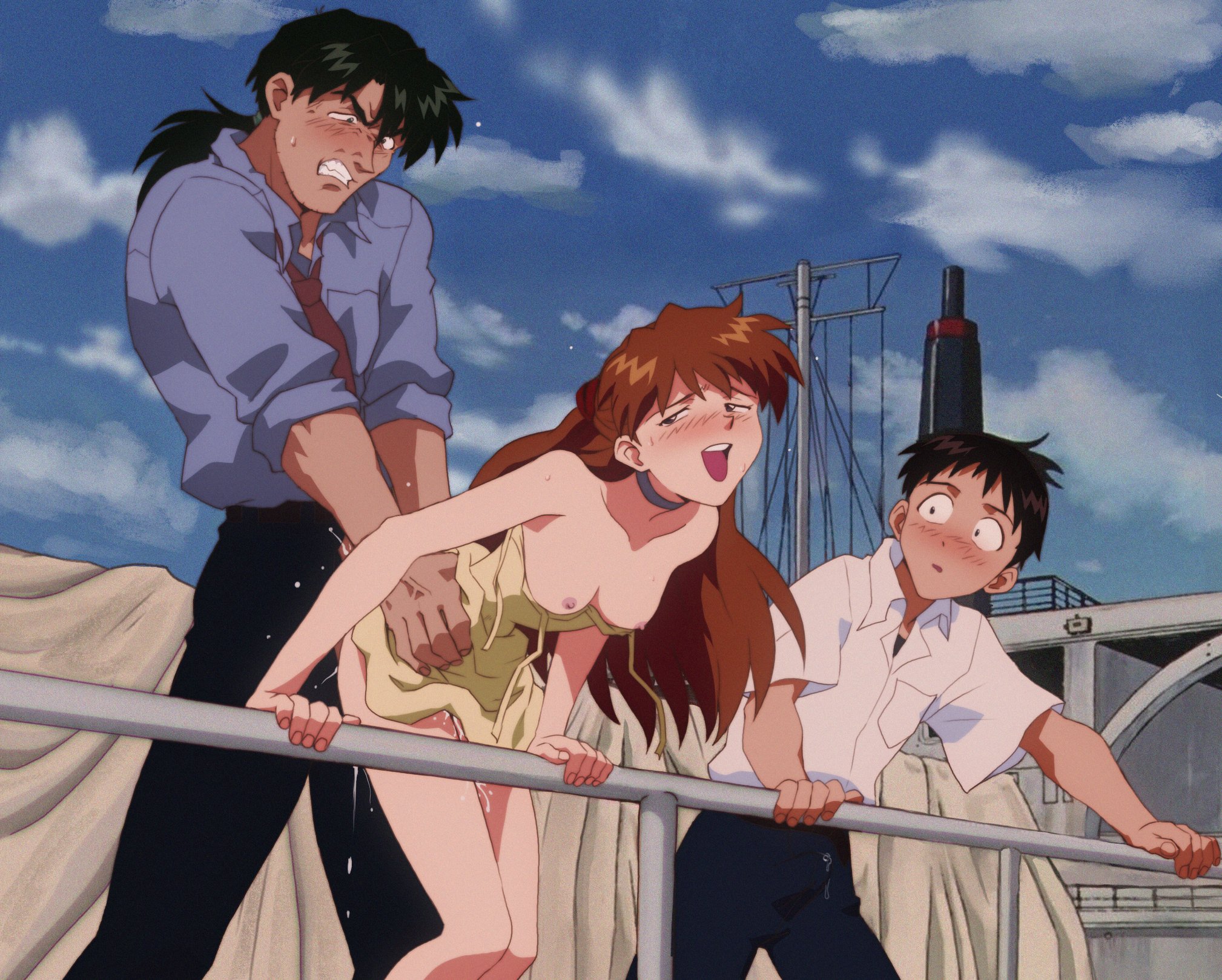 1girls, 2boys, adult and teenager, adult male, age difference, amondetauro, asuka langley sohryu, bare breasts, bare shoulders, being watched, bent over, blush, breasts, clothed sex, cum, cum drip, cum leaking, dilf, exhibitionism, genital fluids, kaji ryouji, neon genesis evangelion, nipples, ntr, older male, older male and younger female, older man and teenage girl, older penetrating younger, public, public indecency, public nudity, public sex, pussy juice, pussy juice drip, sex, sex from behind, shameless, shinji ikari, small breasts, teenage female, teenage girl, teenager, vaginal penetration, vaginal sex, voyeurism, waist grab, watching sex