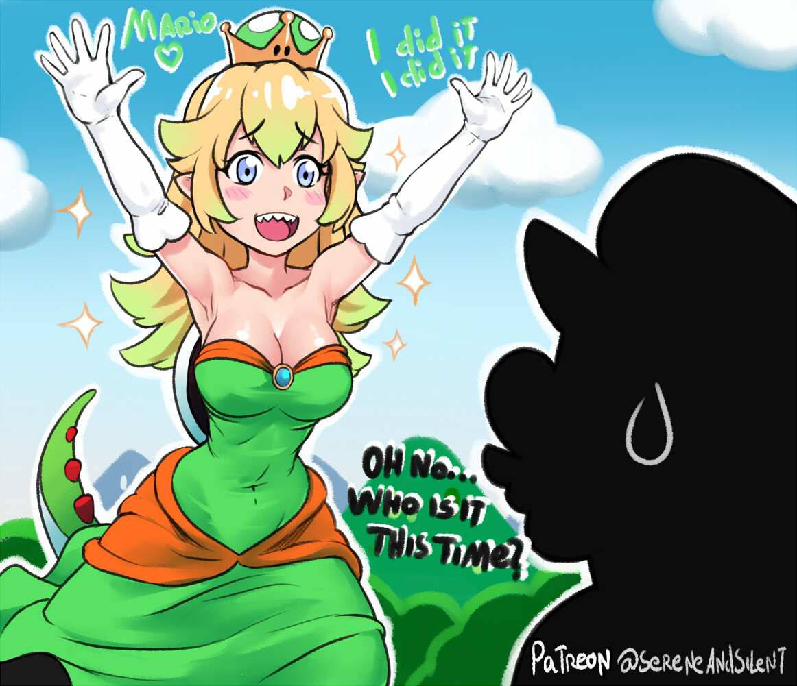 1boy, 1girls, arms up, bare shoulders, blonde hair, blue eyes, blush, breasts, brooch, bushes, cleavage, clothing, clouds, crown, dress, elbow gloves, eyebrows visible through hair, female, gloves, hands up, hills, long hair, male, mario, mario (series), new super mario bros. u deluxe, nintendo, open mouth, pale skin, sereneandsilent, sharp teeth, shell, silhouette, sparkle, super crown, super mario odyssey, sweatdrop, tail, text, wide hips, yoshette, yoshi