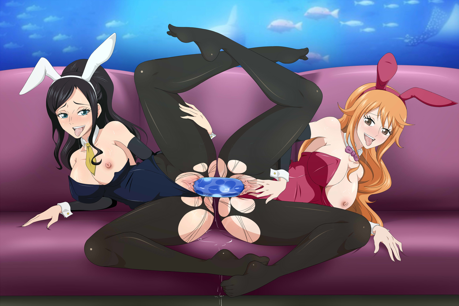 2girls, alternate version available, areola, areolae, ass, big ass, big breasts, black hair, black legwear, black pantyhose, black-haired female, blue eyes, blush, bowtie, breasts, brown eyes, bunny ears, bunny girl, bunnysuit, busty, cleavage, clitoris, clothing, detached collar, dildo, double dildo, ejaculation, exposed breasts, female, female ejaculation, female only, ggc, hourglass figure, legs, long hair, multiple females, multiple girls, nail polish, nami (one piece), navel, necktie, nico robin, nipples, one breast out, one piece, open mouth, orange hair, orange-haired female, pantyhose, penetration, post-timeskip, pussy, pussy ejaculation, pussy juice, sex, sex toy, spread legs, spreading, thick thighs, thighs, tongue, tongue out, torn clothes, torn pantyhose, vaginal insertion, voluptuous, wide hips, wrist cuffs, yuri