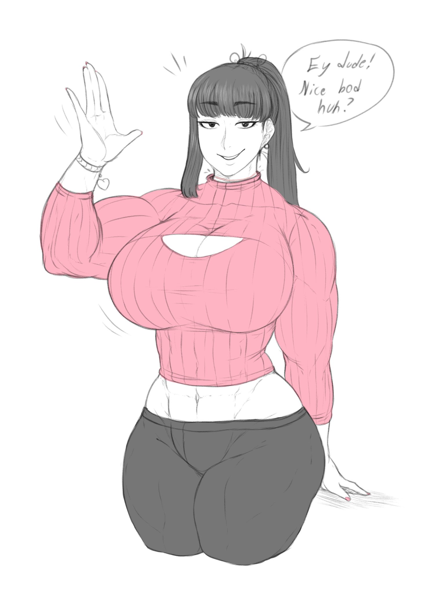 abs, breasts, cleavage cutout, female, franktonius, huge breasts, muscular, muscular female, naughty face, smile, smug, thick thighs