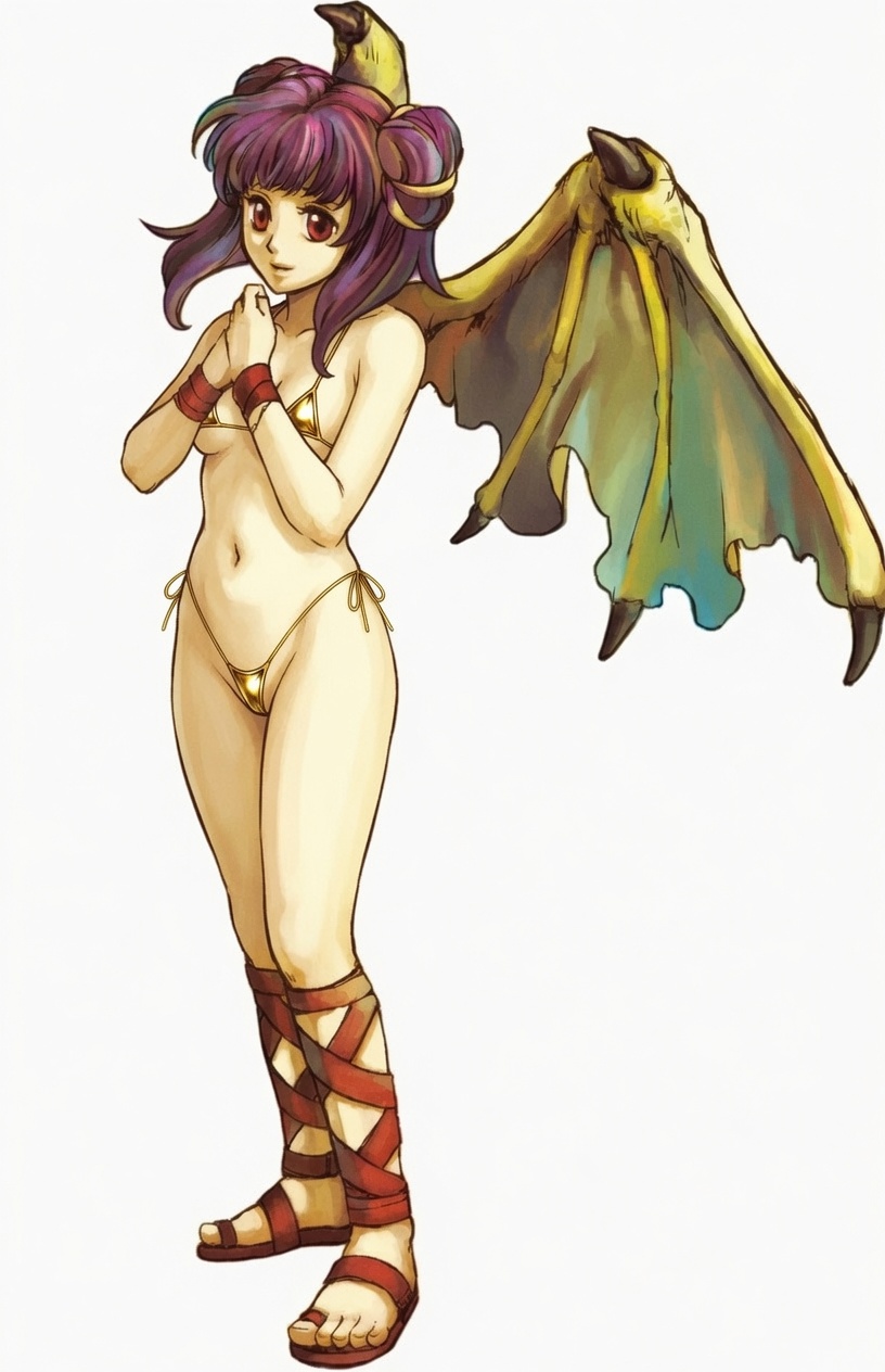 bikini dragon dragon_girl edit edited elf fire_emblem fire_emblem:_the_sacred_stones golden_bikini myrrh_(fire_emblem) official_art purple_hair red_eyes wings