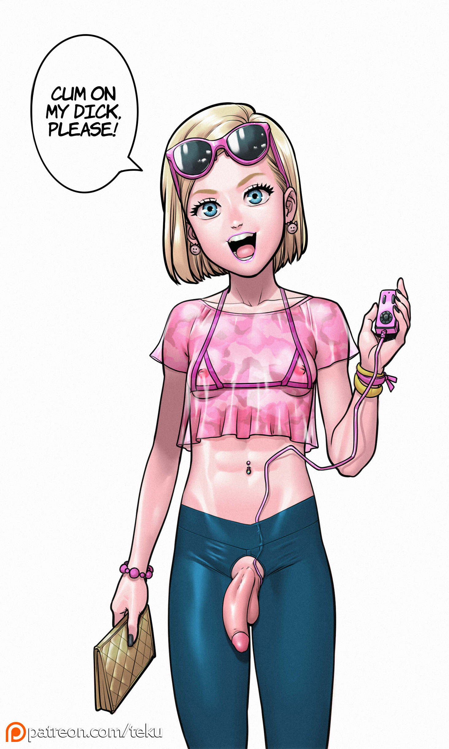 1futa, 1girls, alternate version available, android 18, ass, blonde, blonde female, blonde hair, blonde-haired female, blue eyes, blue-eyed female, breasts, cameltoe, cleavage, curvy, dickgirl, dragon ball, erect nipples, female, futa only, futanari, huge areolae, huge ass, intersex, long fingernails, nipples, original, original character, puffy nipples, pussy, short hair, short-haired female, small breasts, sunglasses, tekuho, thick hips, voluptuous, wide hips