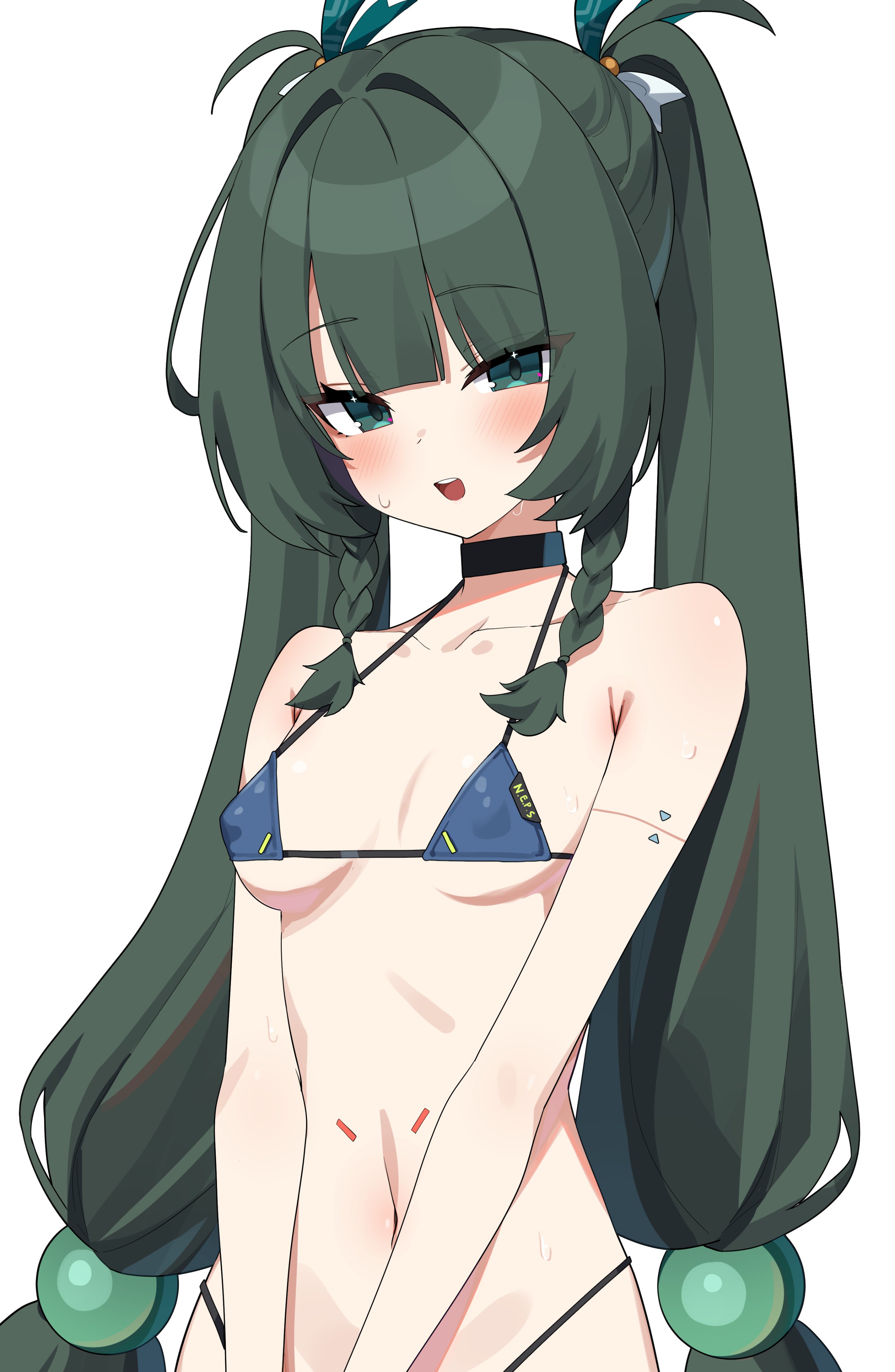 1girls, android, bare shoulders, belly button, bikini, blush, bra, breasts, dark green eyes, dark green hair, embarrassed, female, female focus, female only, green eyes, green hair, high resolution, highres, long hair, looking at viewer, open mouth, panties, qingyi (zenless zone zero), small breasts, standing, stomach, sweat, tied hair, twintails, wak kun, white background, zenless zone zero