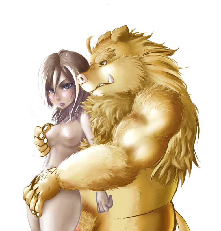 2011 anthro arufina_w barely_visible_genitalia breasts duo female female_on_anthro genitals human human_on_anthro humanoid_hands interspecies male mammal nipples overweight overweight_male simple_background straight suid suina sus_(pig) white_background wild_boar