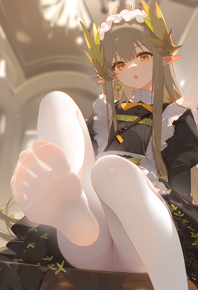 1girl absurdres arknights artist_request blush commentary_request elf feet foot_fetish foot_focus footwear foreshortening hair_ornament highres legwear long_hair looking_at_viewer mole muelsyse_(arknights) open_mouth pantyhose pointy_ears presenting_own_foot sitting soles solo toenails toes toes_visible_through_clothing yellow_eyes