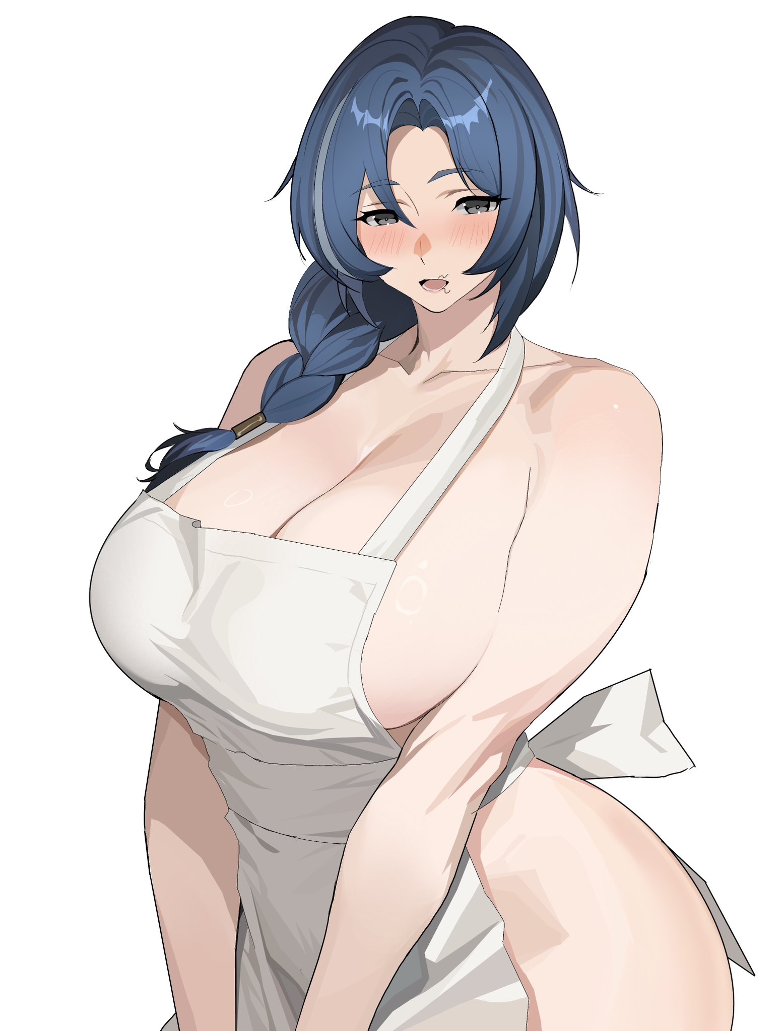 1girls, apron, big breasts, blue hair, blush, bottomless, braid, breasts, dp-12 (girls' frontline), feet out of frame, female, female only, girls' frontline, girls' frontline 2: exilium, grey eyes, helen (girls' frontline 2), large breasts, long hair, looking at viewer, mature, mature female, milf, mydmy, naked, naked apron, nude, open mouth, stray pubic hair, topless